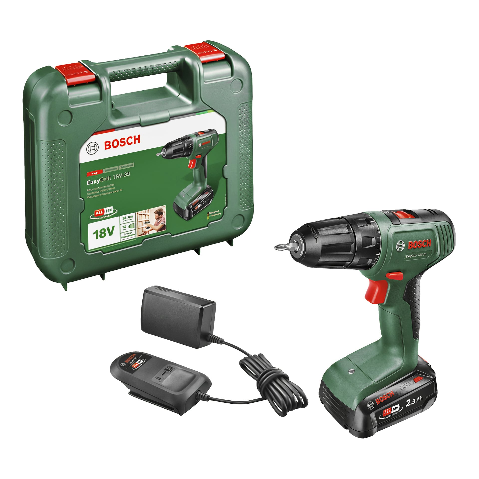 Ein grüner Bosch 18-Volt-Akku-Bohrschrauber mit schwarzem Griff ist neben Tragetasche, Ladegerät und Akku zu sehen.