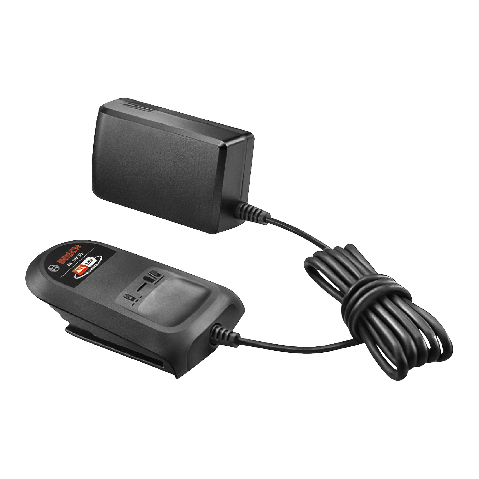 Schwarzes Bosch Ladegerät für Elektrowerkzeuge mit Kontrollleuchten, einschließlich einer Ladestation und einem separaten Netzteil, das über ein Kabel verbunden ist.