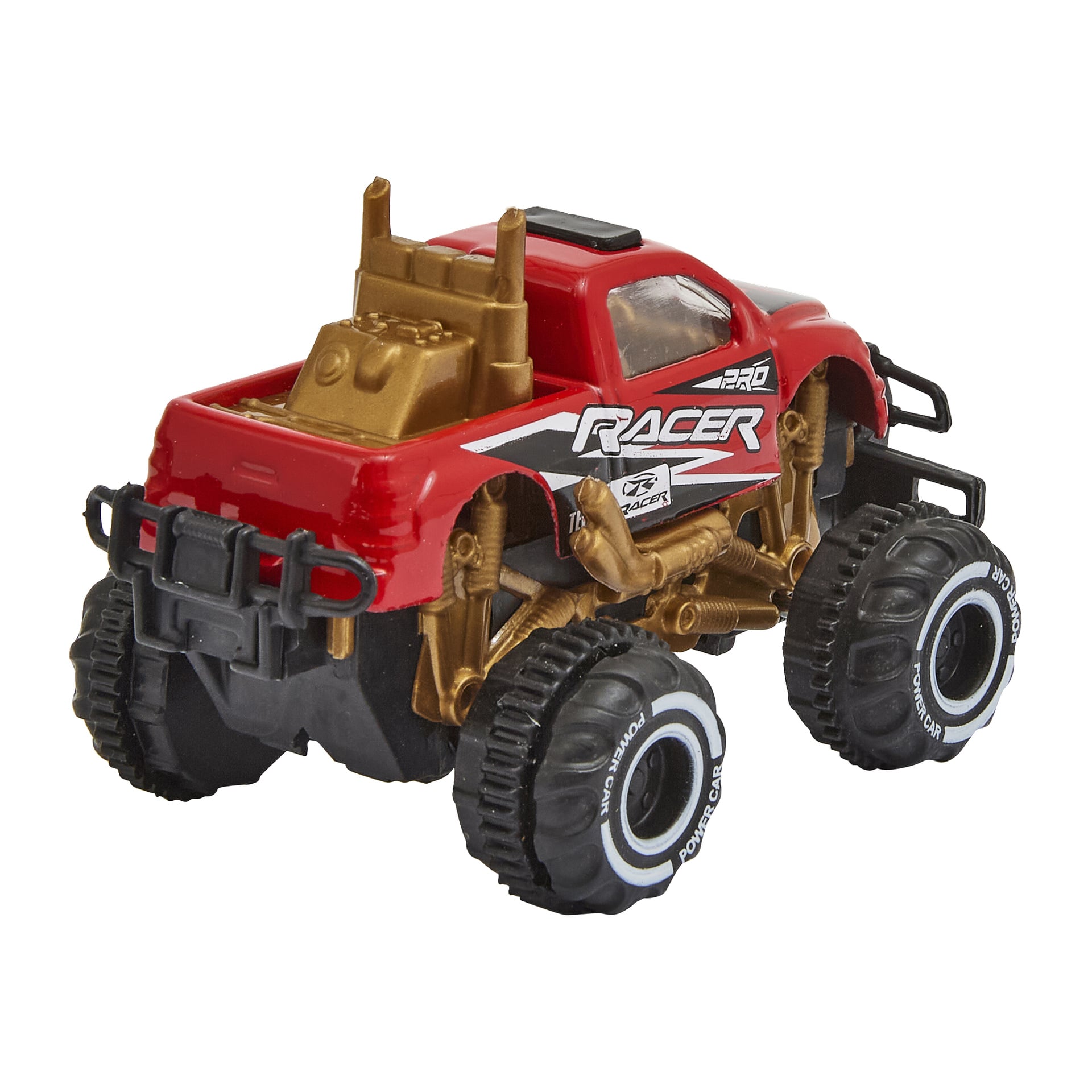 En monstertruck i rött och guld med stora svarta däck, vitkantade hjul, "Racer" på sidan och exponerad mekanik under.