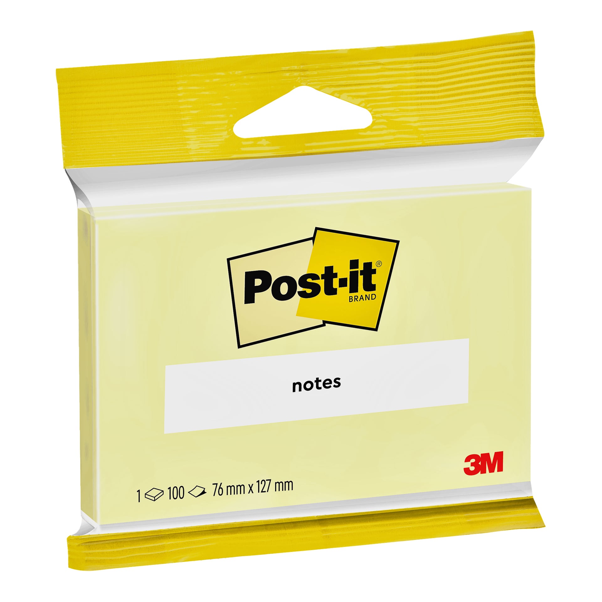 En 3M Post-it-lapppaket med 100 gula ark, vardera 76 x 127 mm, i gul och vit förpackning med en hängande flik.