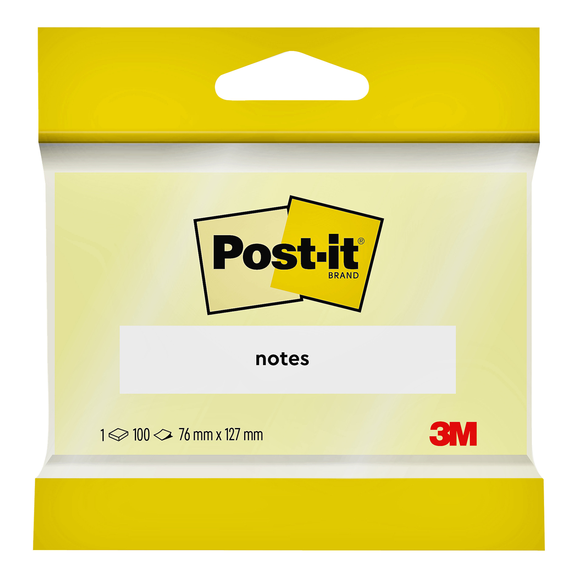 Ett paket Post-it-lappar med gul ram, svart logotyp, "anteckningar" visas, 3M i rött, 100 ark, storlek 76 x 127 mm.