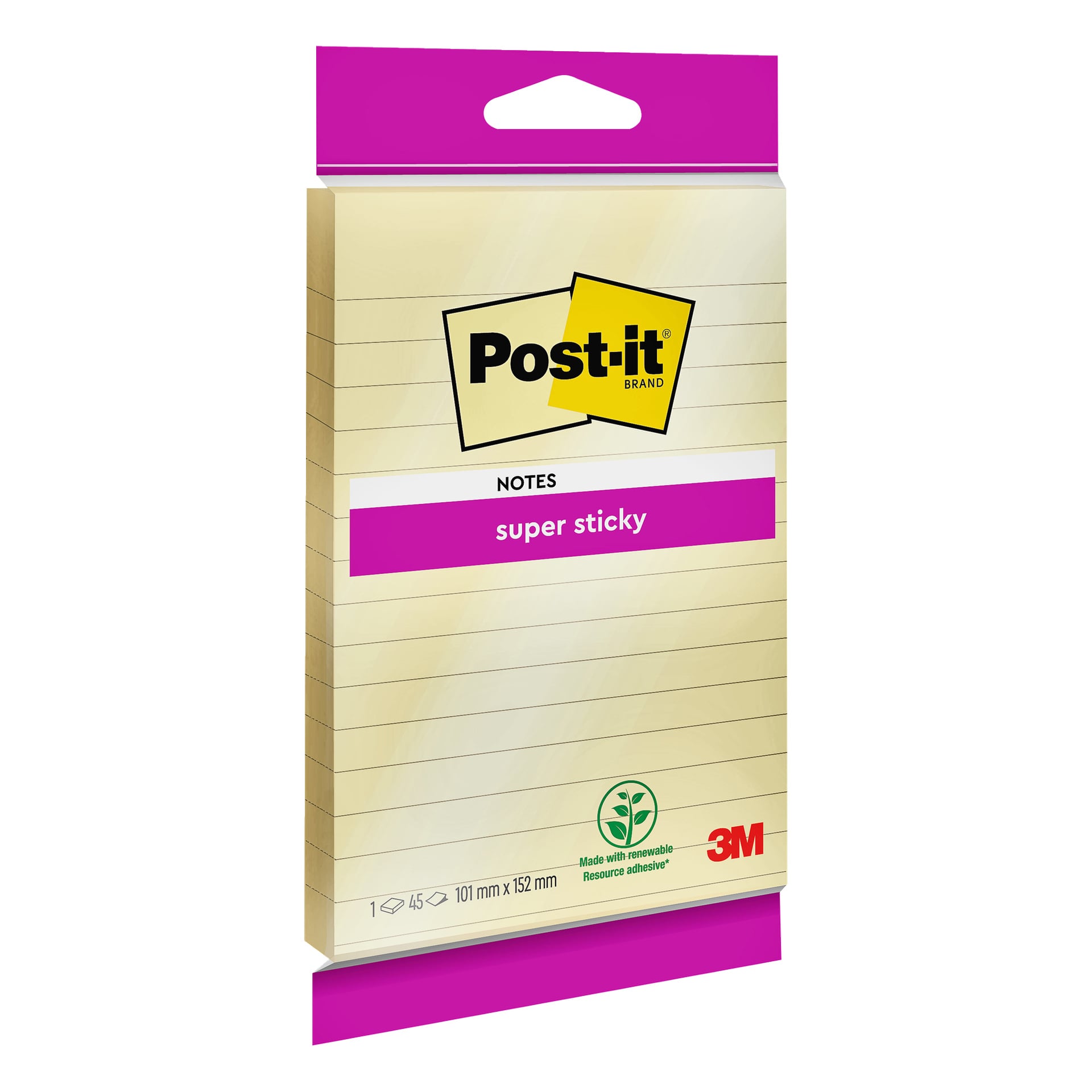 En foret Post-it-notatblokk med en lilla superklebrig topptekst, 45 ark, 101 x 152 mm, x 3M ved hjelp av lim for fornybare ressurser.
