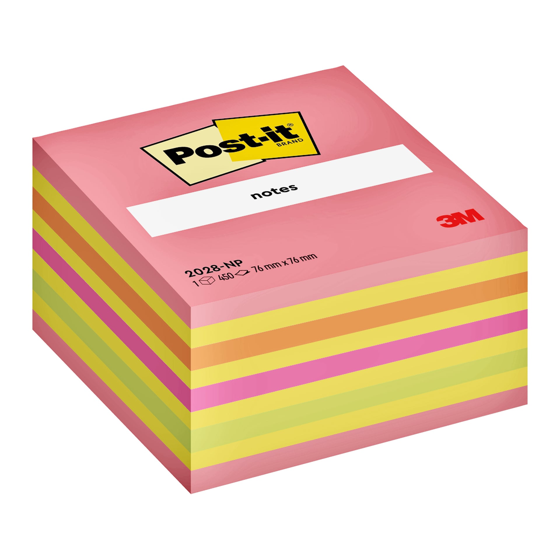 En bunt med rosa, gula och gröna post-it-lappar. Förpackningen visar varumärket och 3M:s logotyper. Innehåller 650 ark, 76 mm x 76 mm.