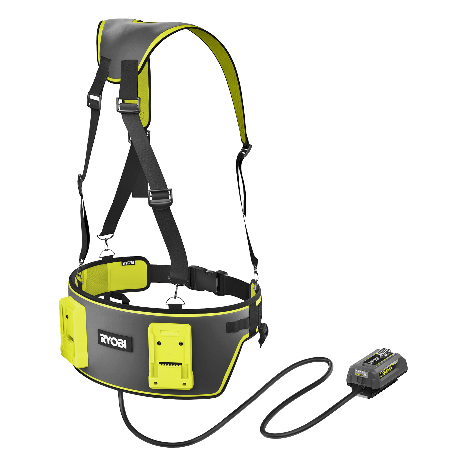 Ryobi batterisele med justerbare stropper, doble gule batterispor på baksiden, strømkabel og ekstern batteripakke.