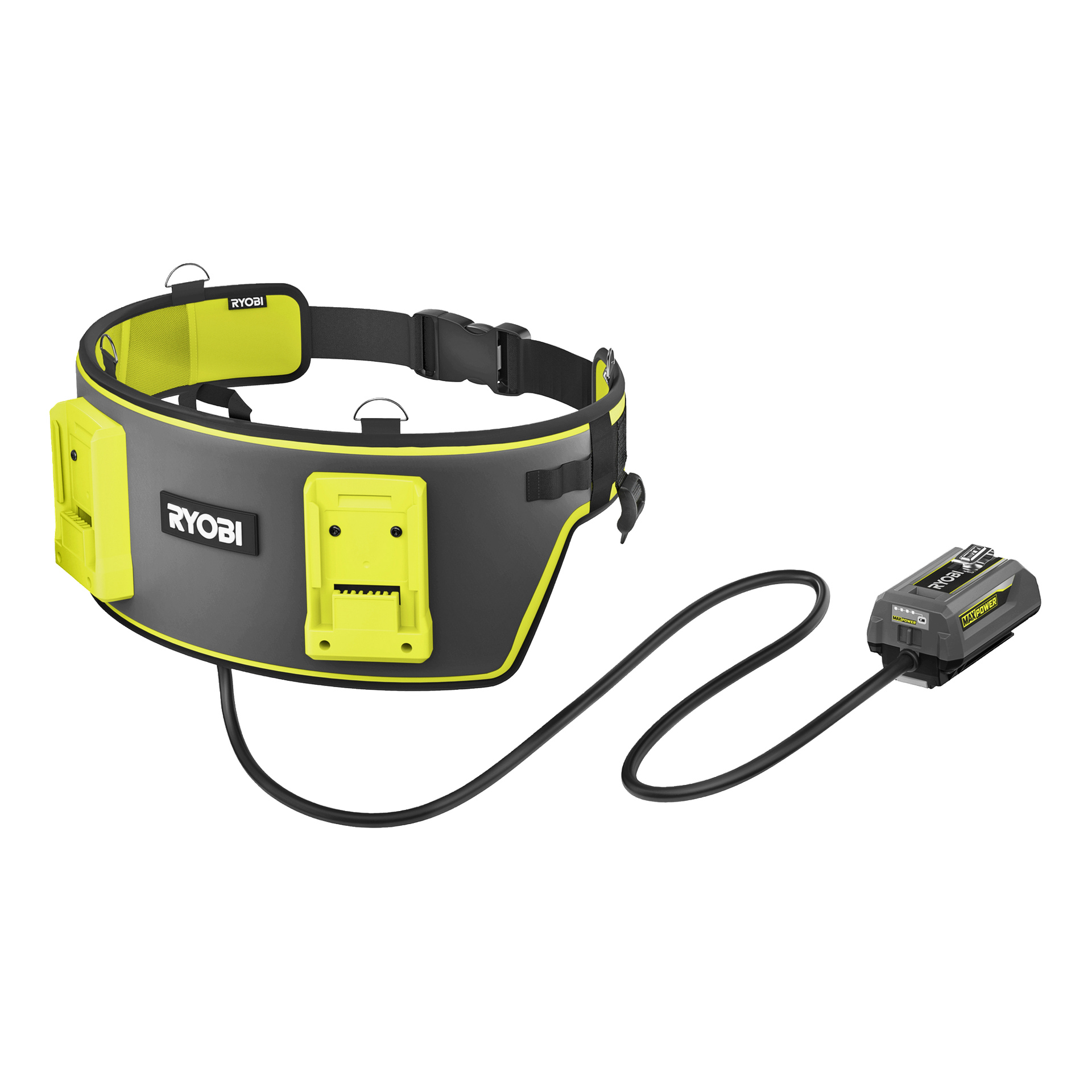 Ryobi batterihylsterbelte med batterispor, festet kabel, svart design med gule detaljer og en justerbar stropp.