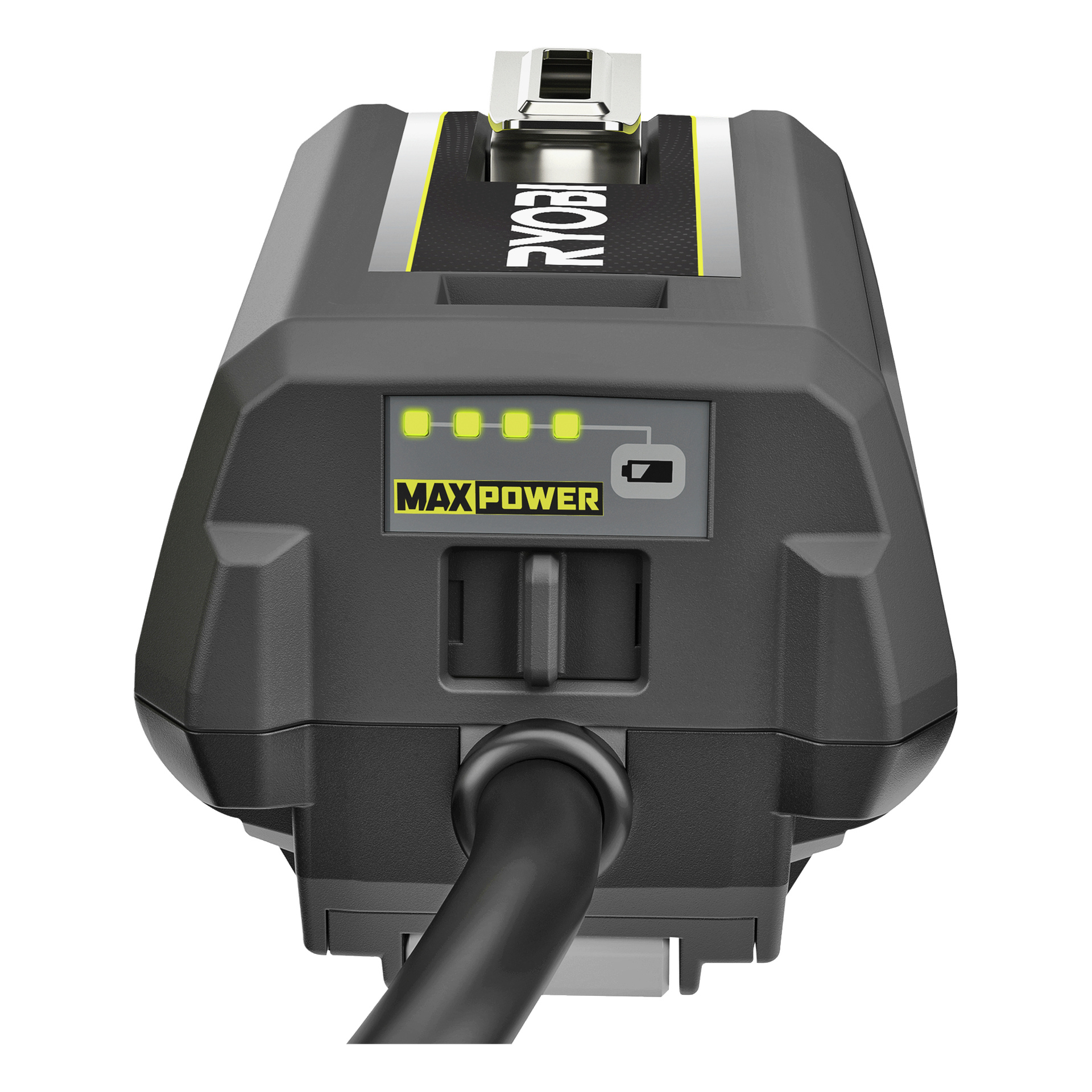Nærbilde av en Ryobi Max Power-batteripakke som viser fire grønne LED-ladelys, en svart kabel festet og Ryobi-logoen på toppen.