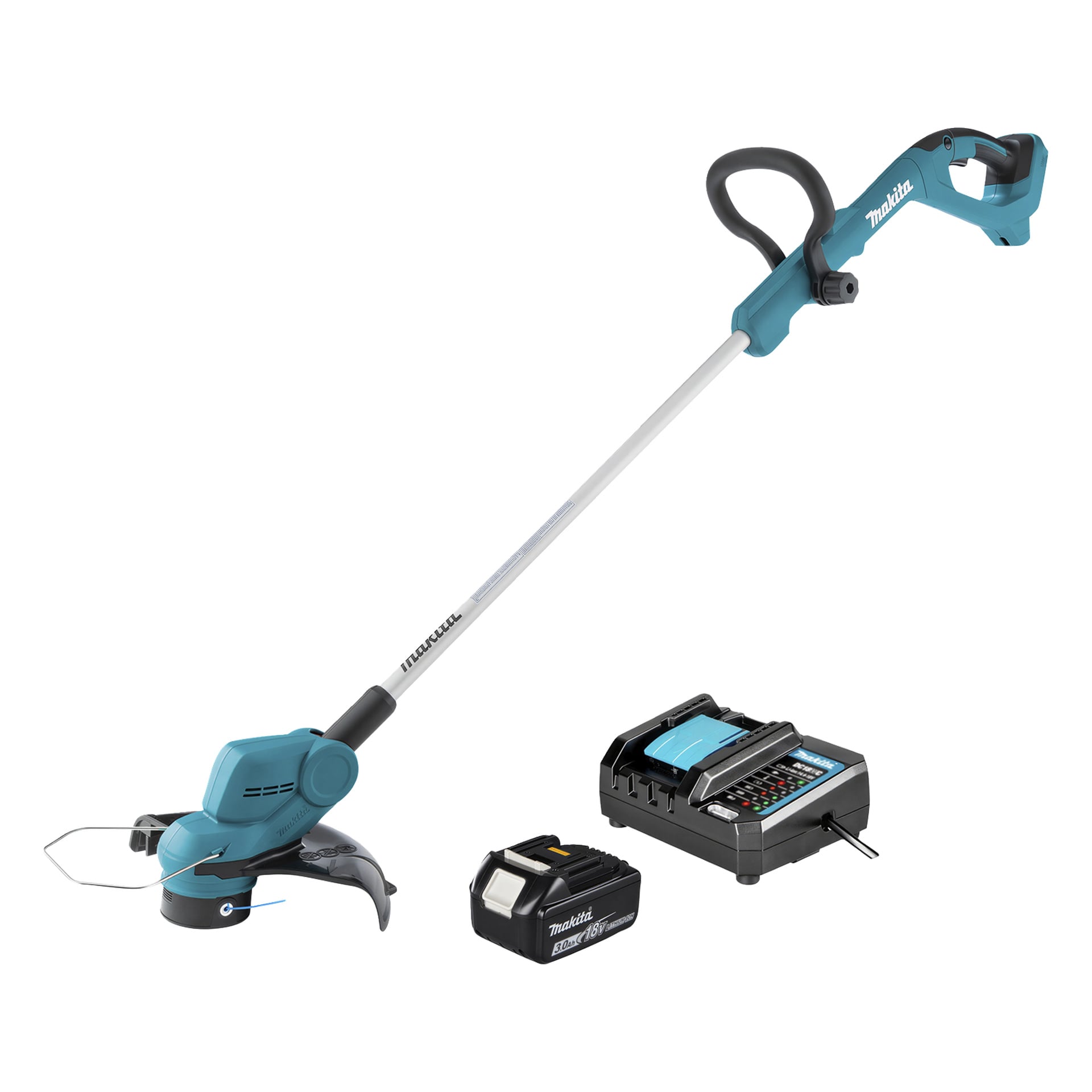 En blå Makita sladdfri trimmer med batteri och laddare placerad bredvid.