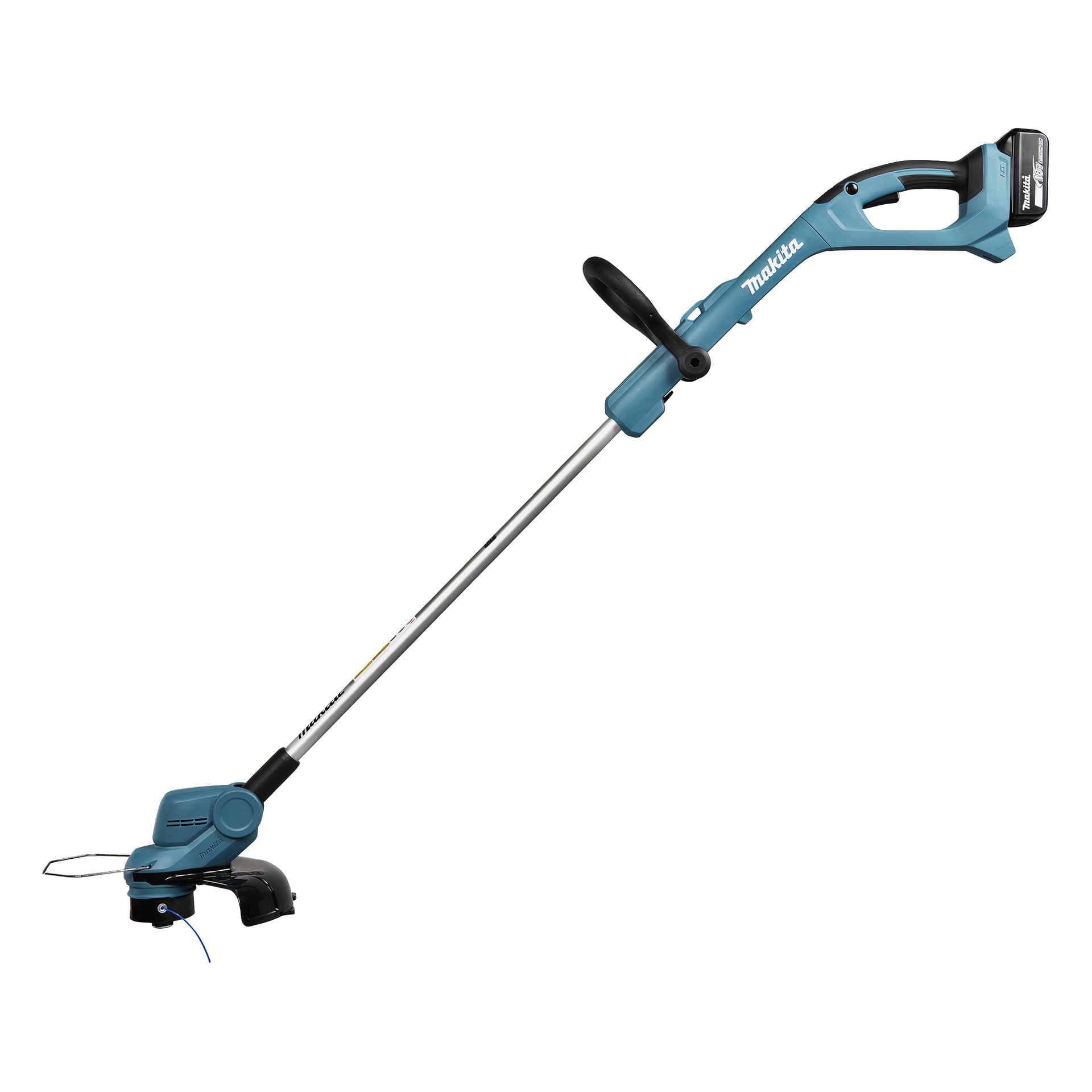 Makita blå och svart sladdlös strängtrimmer med teleskopiskt skaft, ergonomiskt handtag, toppbatteri och skyddat skärhuvud.