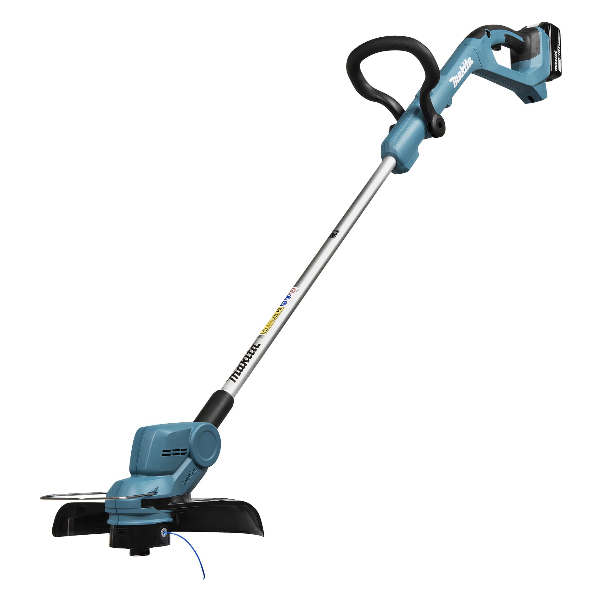 Makita sladdlös strängtrimmer i blått och svart med teleskopskaft, ergonomiskt handtag, batterifack och skyddat huvud.