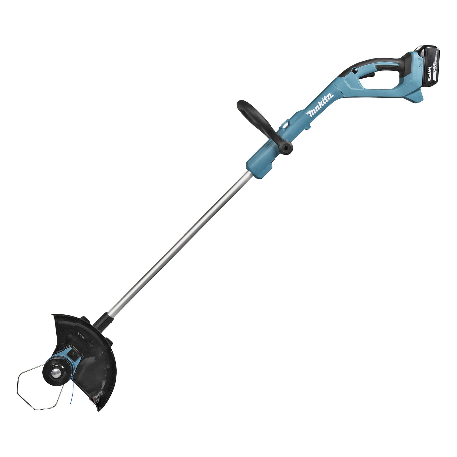 Sladdlös Makita strängtrimmer i blått och svart, med ett långt metallskaft, öglehandtag, skydd vid huvudet och batteri på handtaget.