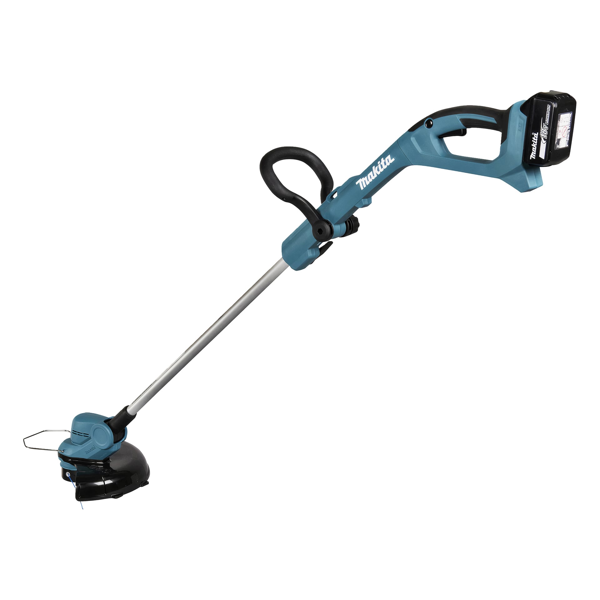 Blå och svart sladdlös strängtrimmer från Makita, med batteripaket, silverskaft, mitthandtag och skärhuvud i spetsen.