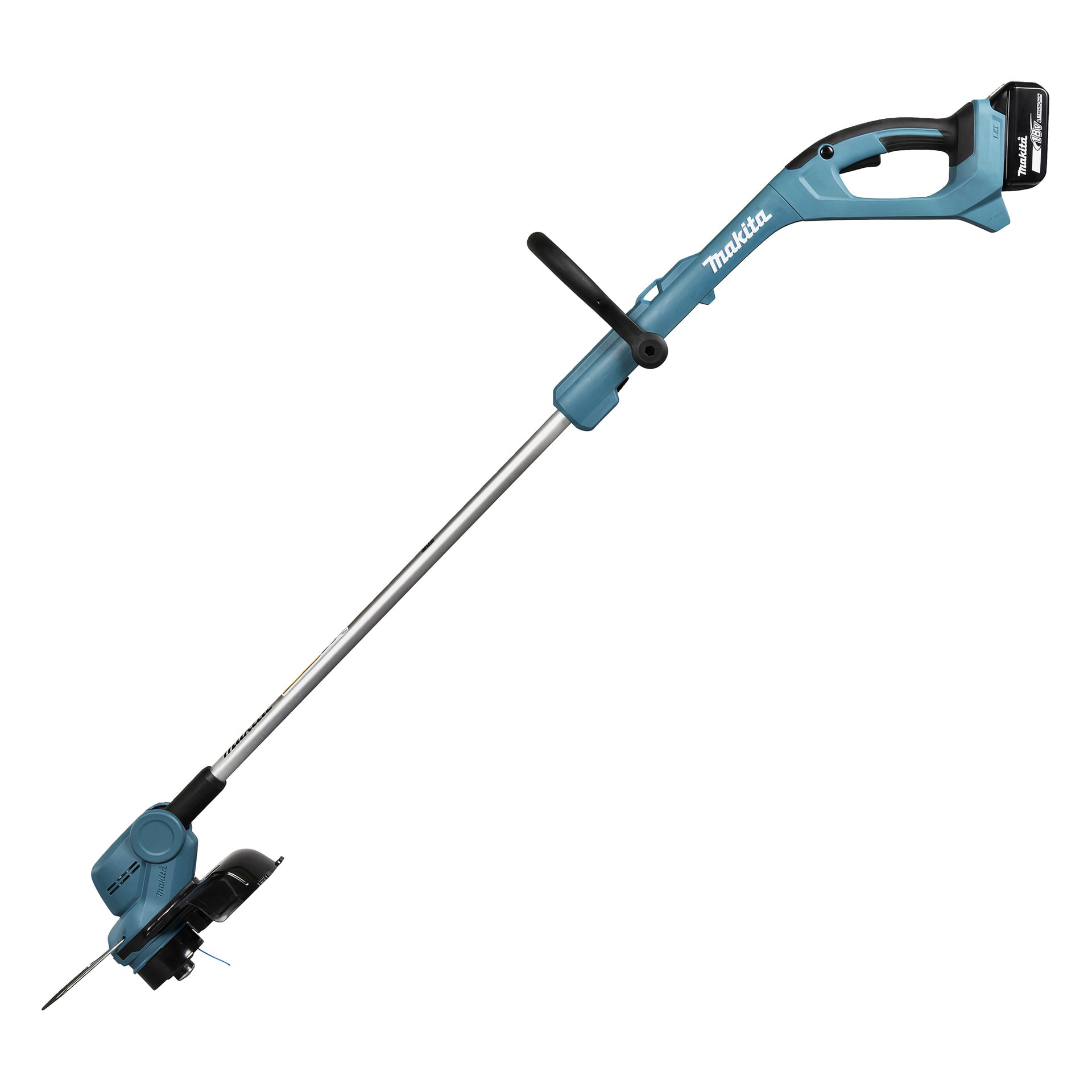 Makita sladdlös strängtrimmer i blått och svart, med ett långt skaft, sidohandtag, batteripaket och skyddat skärhuvud i nylon.