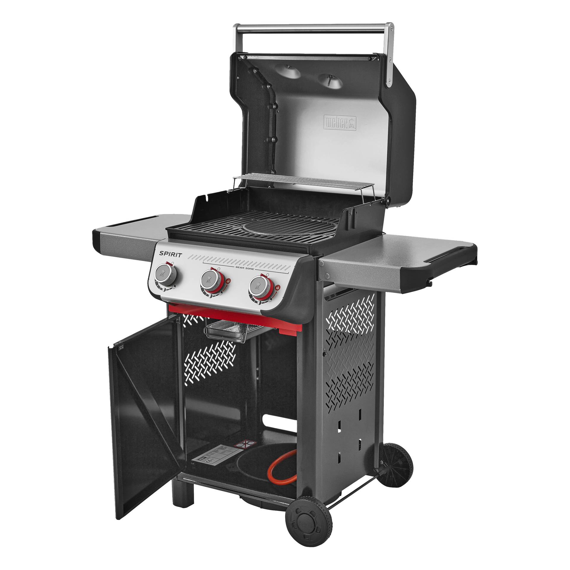 Utomhus gasgrill med tre plattor, öppet metalllock, sidohyllor, frontkontrollrattar, öppet nedre skåp och propanförvaringsutrymme.