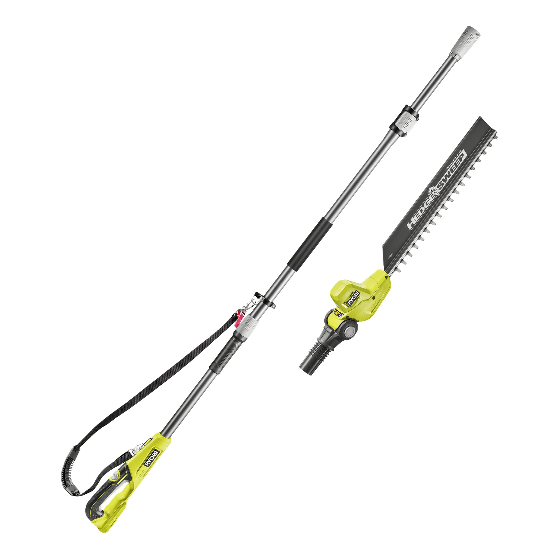 Gul och silverfärgad Ryobi sladdlös häcksax med utdragbart handtag, vinklat blad, grepp och batterifack vid basen.