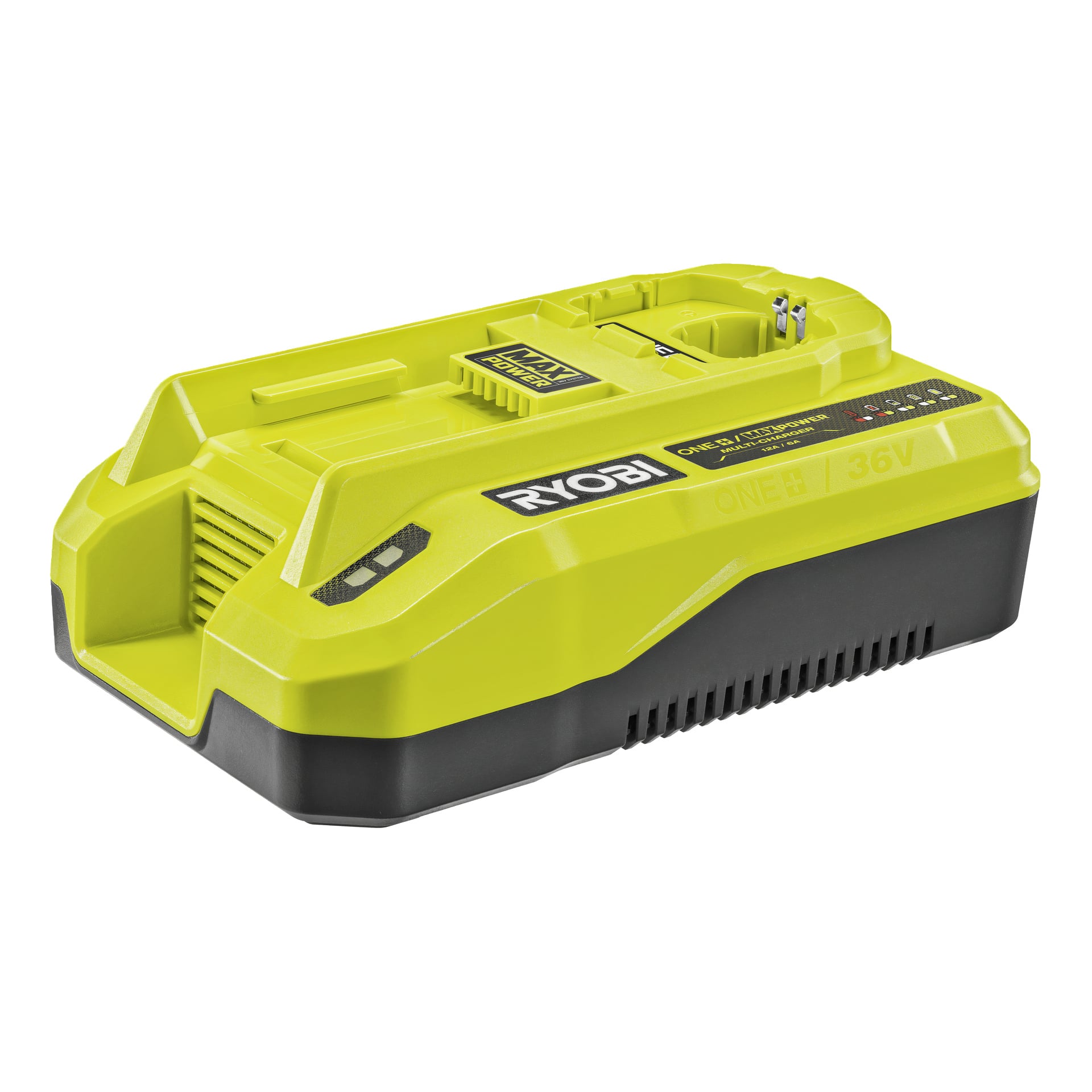 En gul och svart Ryobi batteriladdare med indikatorlampor, ventiler och ONE+ plus 36V-märkning på toppen och sidan.