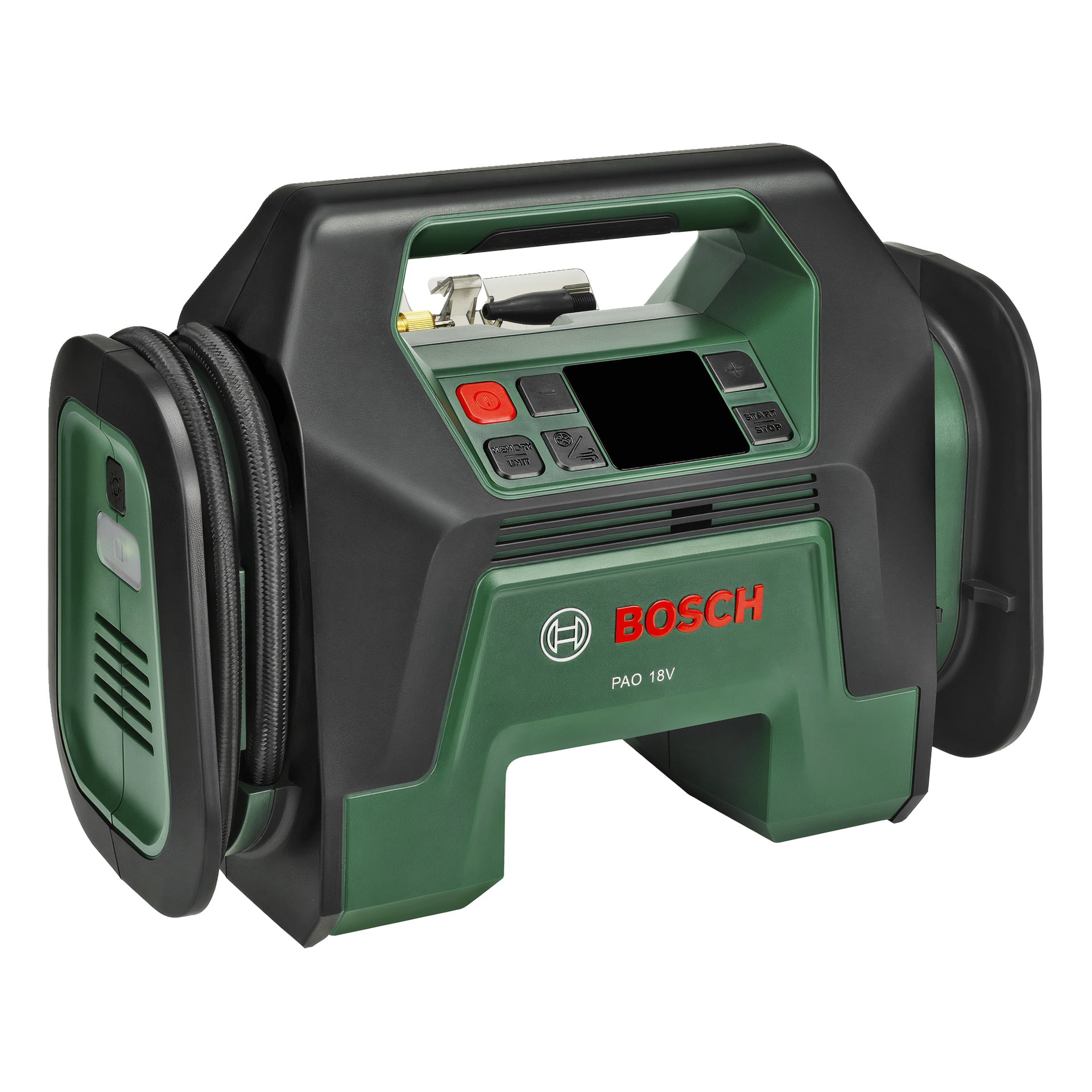 Bosch PAO 18V kannettava ilmapumppu vihreä-mustana, jossa on kahva, digitaalinen näyttö, napit ja sivuletkuosastot.