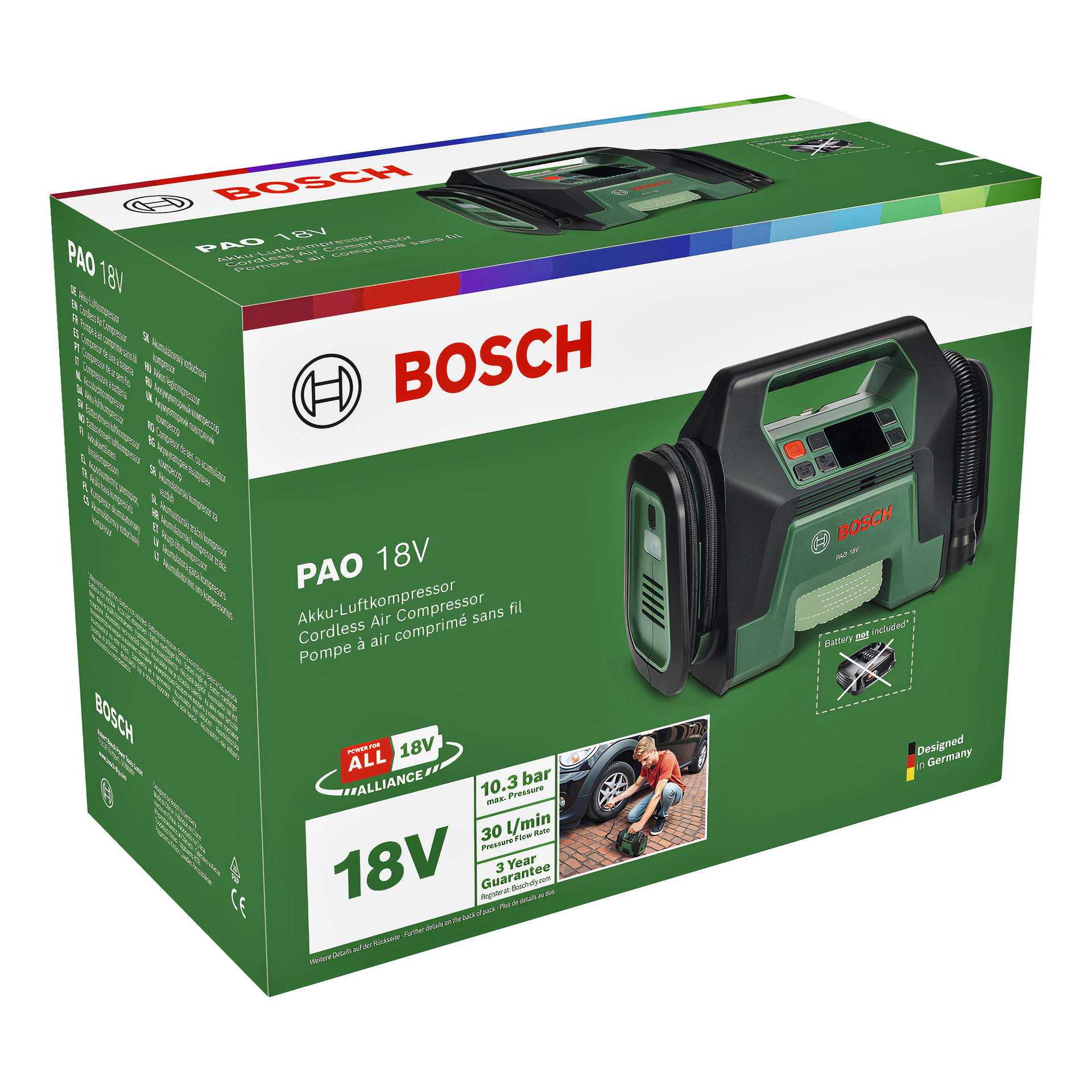 Bosch PAO 18V vihreä ja musta akkuilmakompressori ilmestyy sen pakkaukseen, jossa on tuotteen kohokohdat, tuotemerkki, takuutiedot ja valokuva.