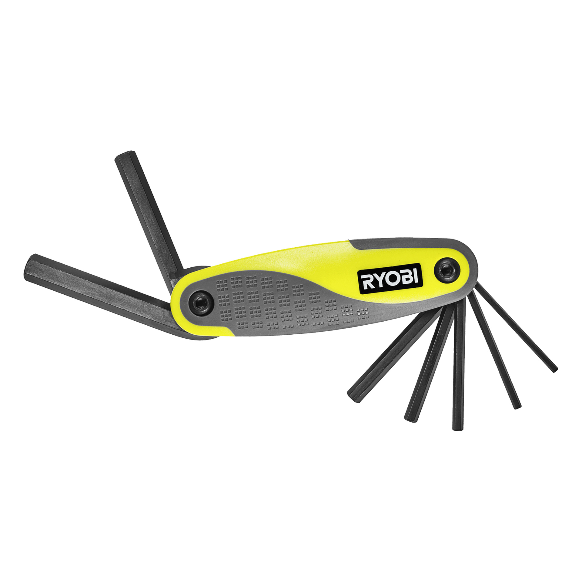 Gul och svart Ryobi hopfällbar insexnyckelsats med flera tangenter utfläkta från vardera sidan; handtaget har texturerat grepp och Ryobi-märke.