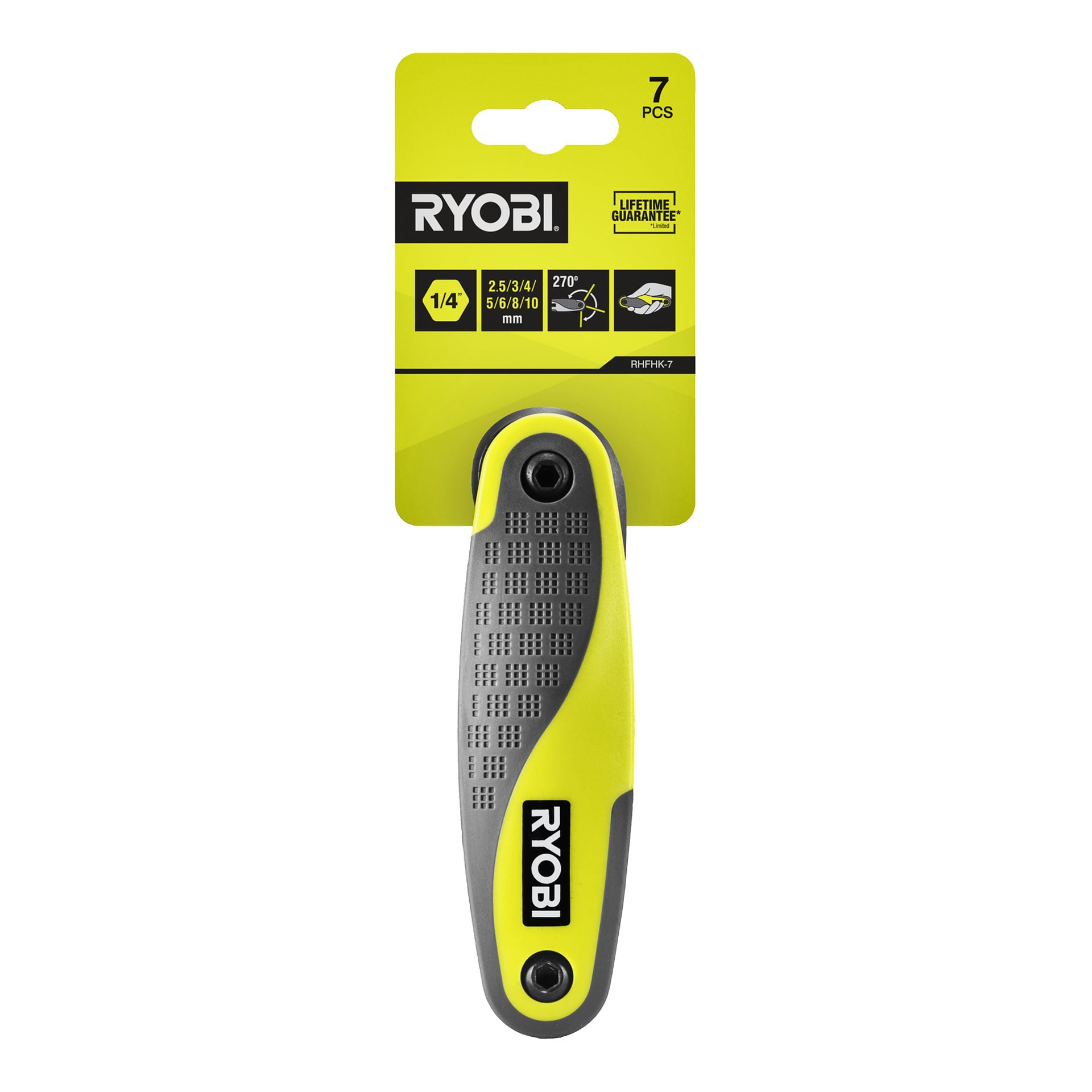 Ryobi 7-delars hopfällbar insexnyckelsats med gulsvart handtag i förpackning, visar storlekarna 2,5-10 mm och en ikon med 270° rotation.