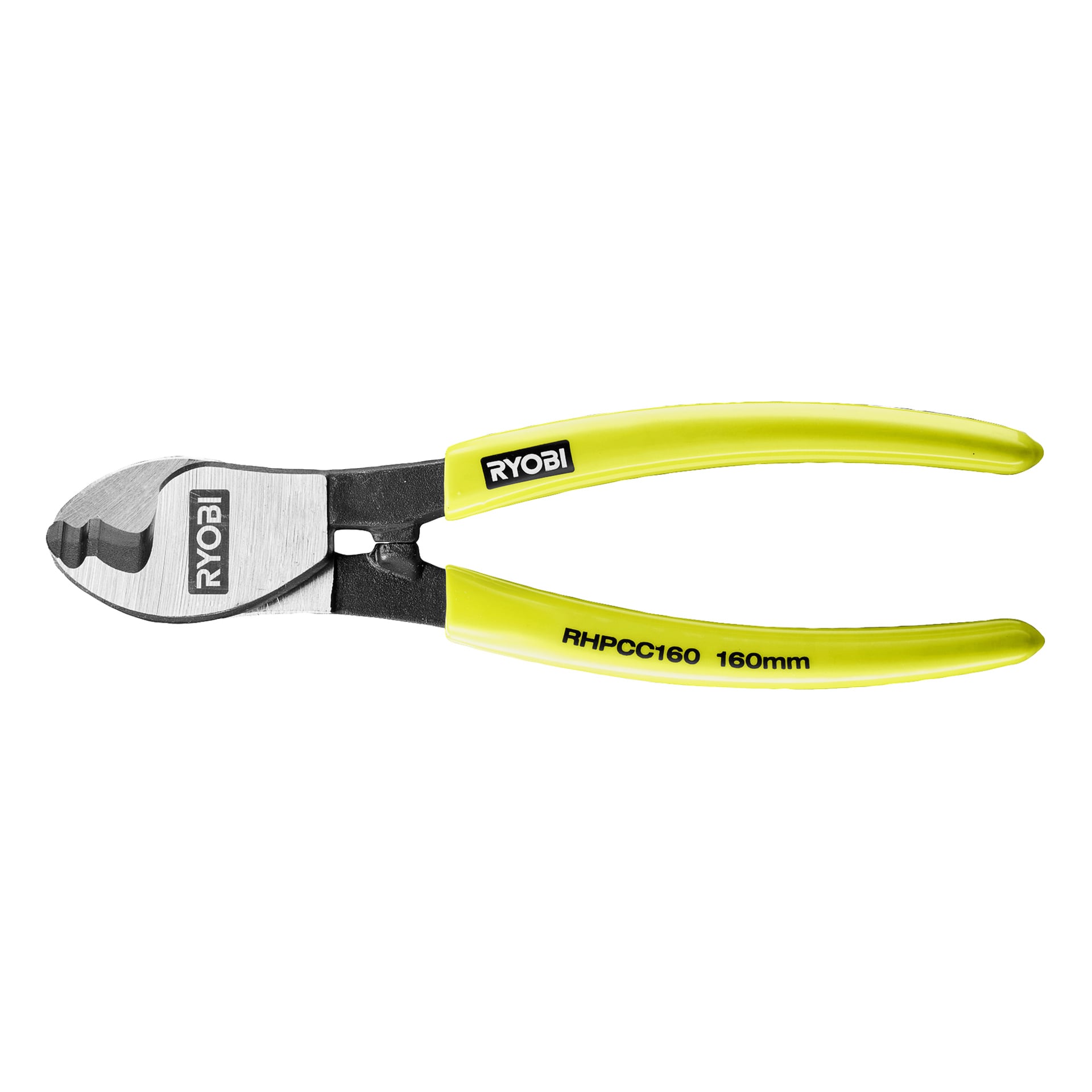 Ryobi Kabelschneider mit leuchtend gelben Griffen und einem Metallkopf. Die Griffe zeigen RYOBI und die Modellnummer RHPCC160 160 mm an.