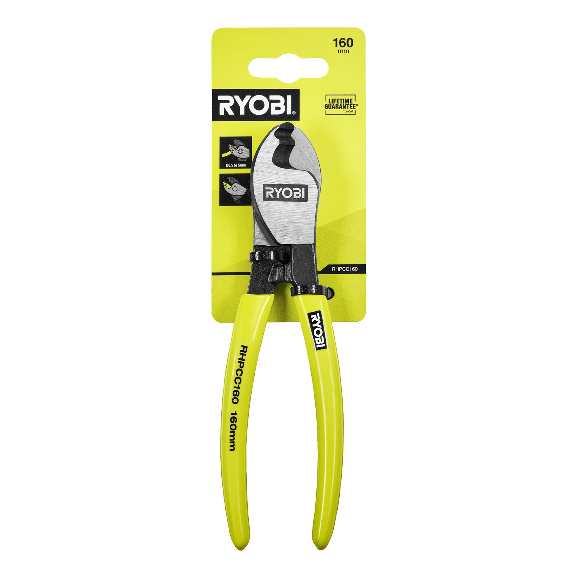 Ryobi Kabelschneider, 160mm mit gelben Griffen, abgebildet in Originalverpackung mit sichtbarem Branding und Produktdetails.