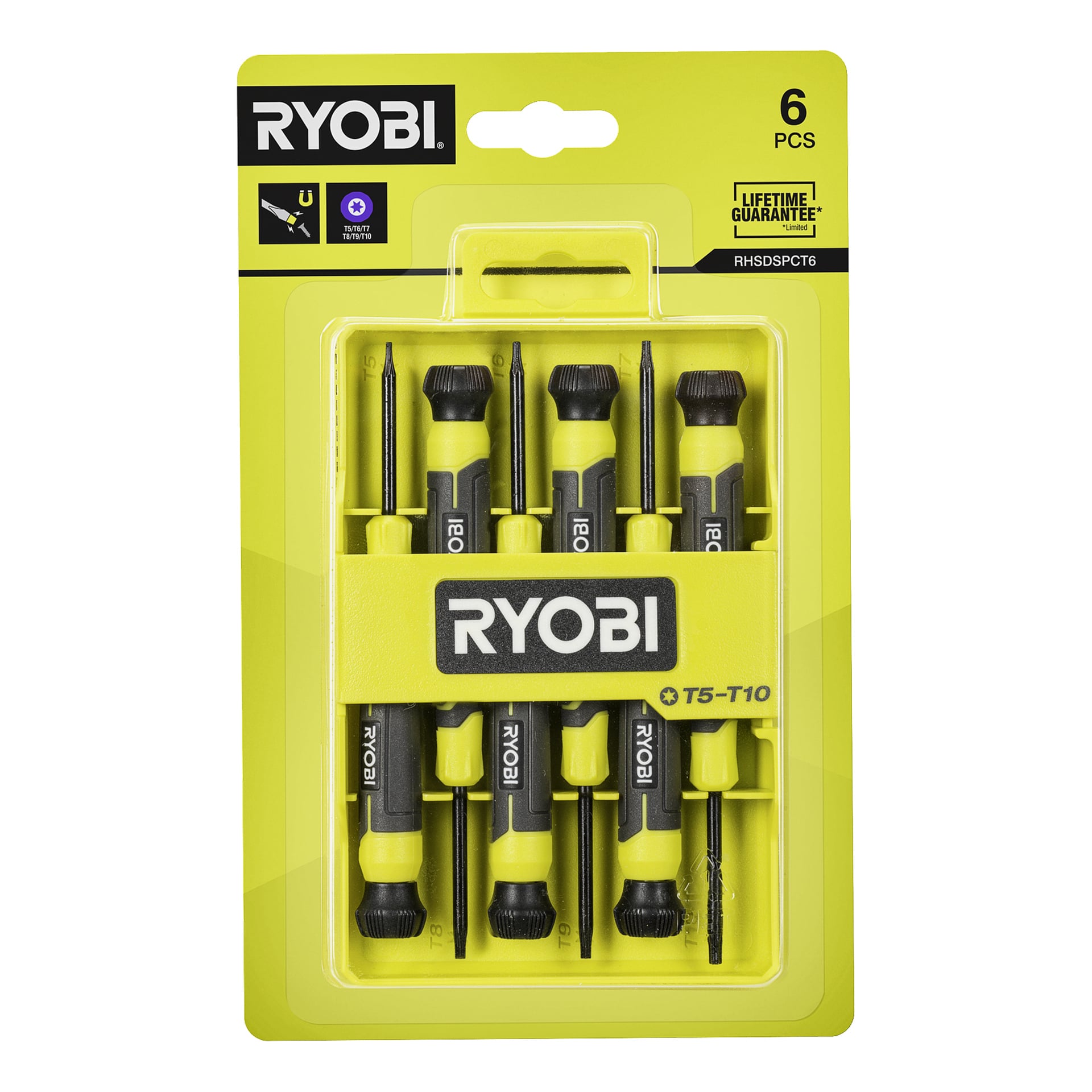 Ryobi 6-delars precisionsskruvmejselsats i gul och svart förpackning med sex T5–T10-skruvmejslar som visas vertikalt i ett genomskinligt fodral.