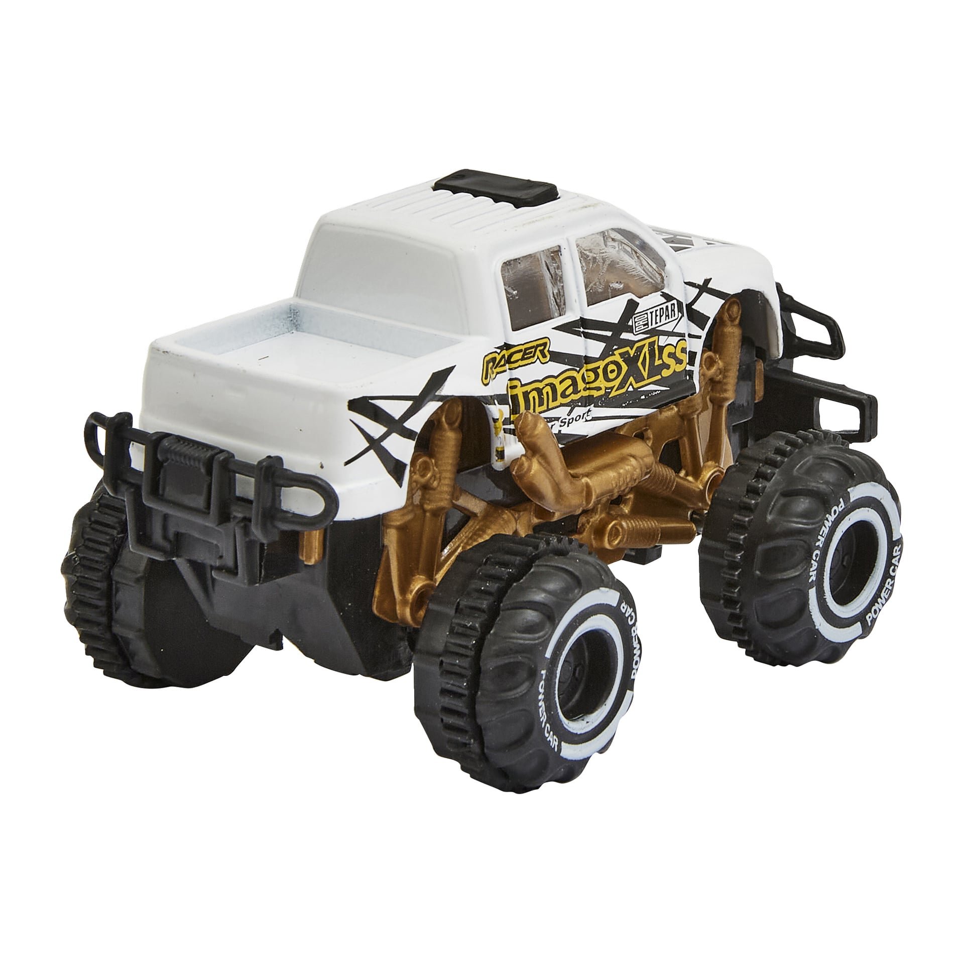 En vit leksaksmonstertruck med stora svarta däck, guldfjädring, svarta stötfångare och grafik. På sidan står det Racer ImagogX.