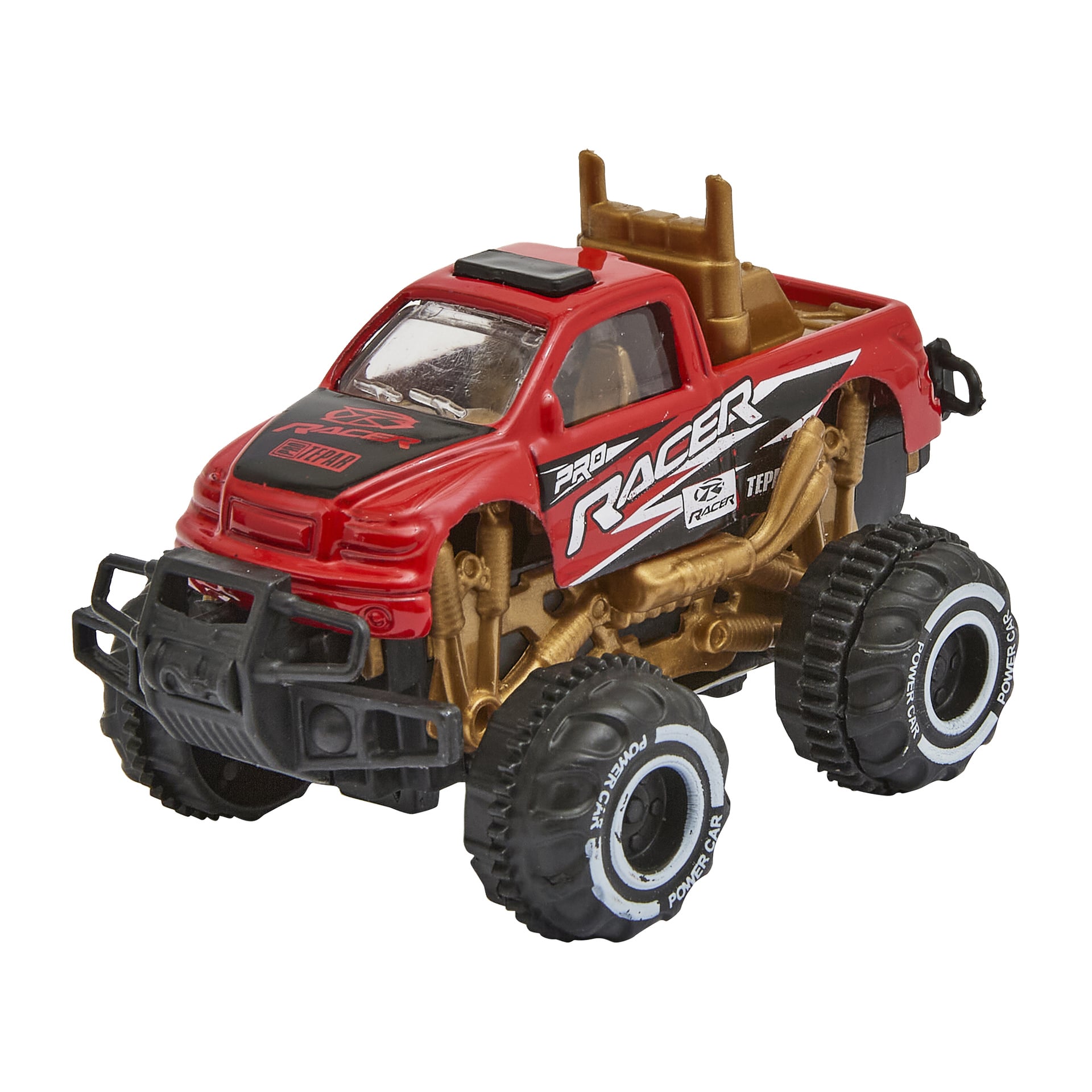 En röd och svart leksaksmonstertruck med överdimensionerade däck, ett guldunderrede, främre stötfångarskydd, RACER på sidan och POWER CAR på hjulen.