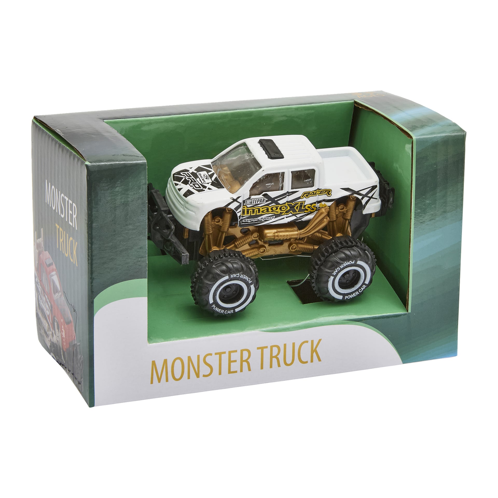 En monstertruck med vita och guldiga leksaker och stora hjul sitter i en grön och vit MONSTER TRUCK-förpackning, som visar en lastbilsbild på sidan.