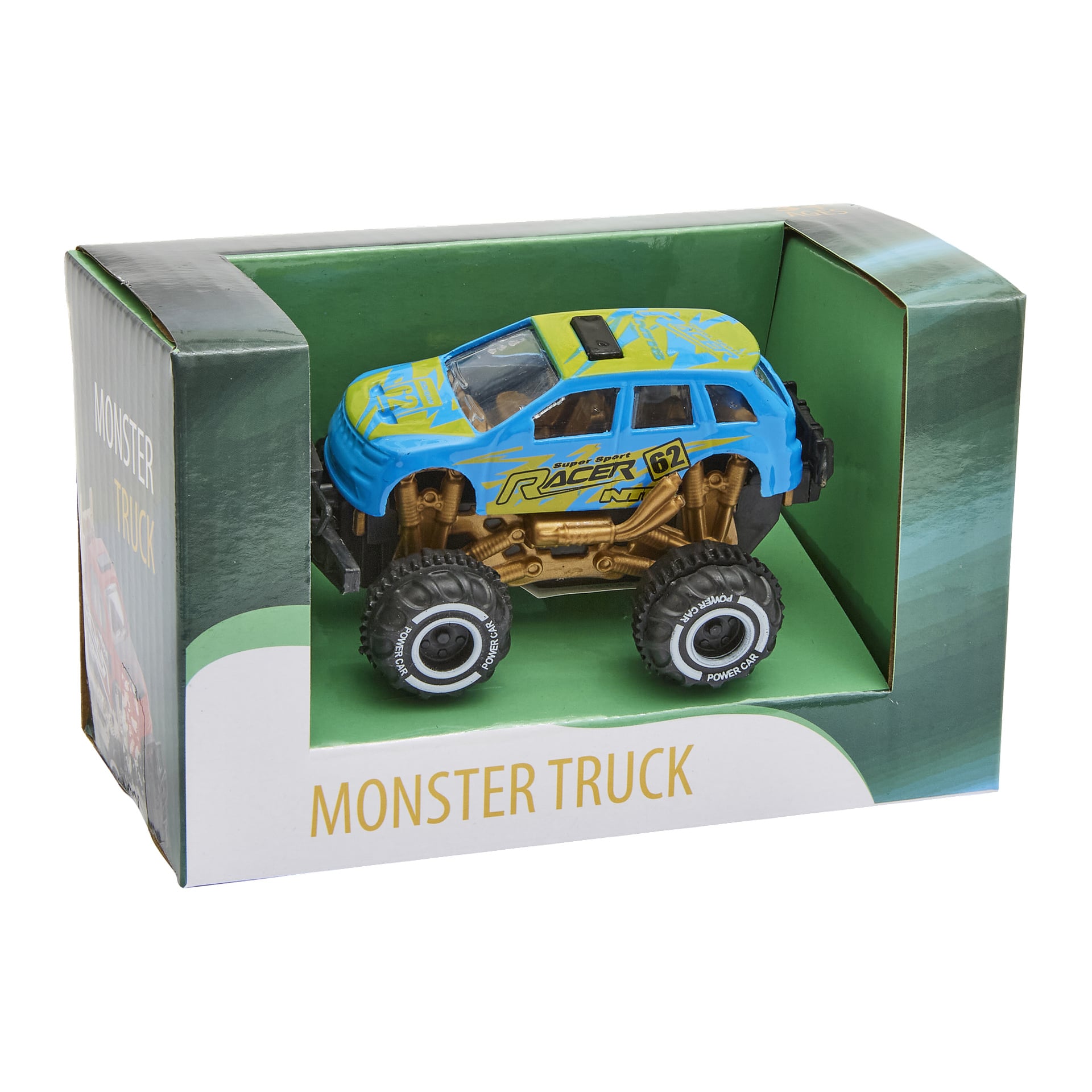 En blågul leksaksmonstertruck med stora svarta däck sitter i en grön och vit förpackning märkt Monster Truck, med Racer 621 på sidan.