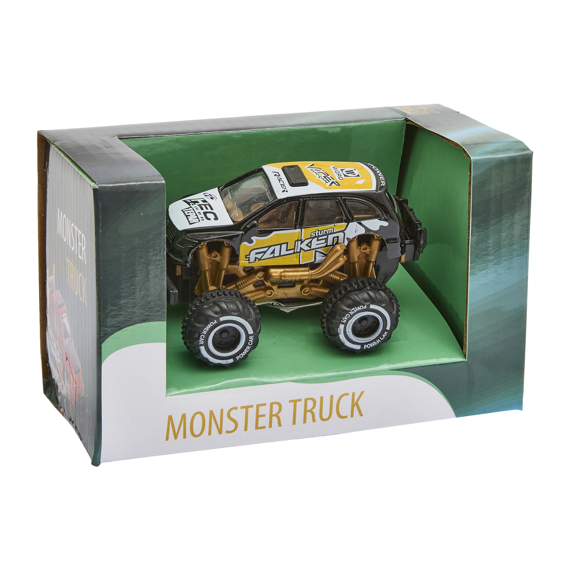 En leksaksmonstertruck med stora hjul och en svart, vit och gul design är i grön och vit förpackning märkt MONSTER TRUCK. Falken är märkt på sidan.