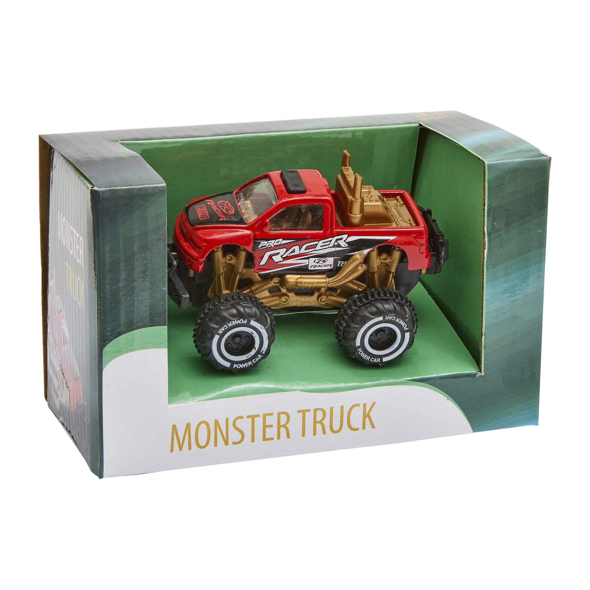 En monstertruck i rött och guld med stora däck ligger i en grön och vit låda märkt MONSTER TRUCK, med RACER på sidan.