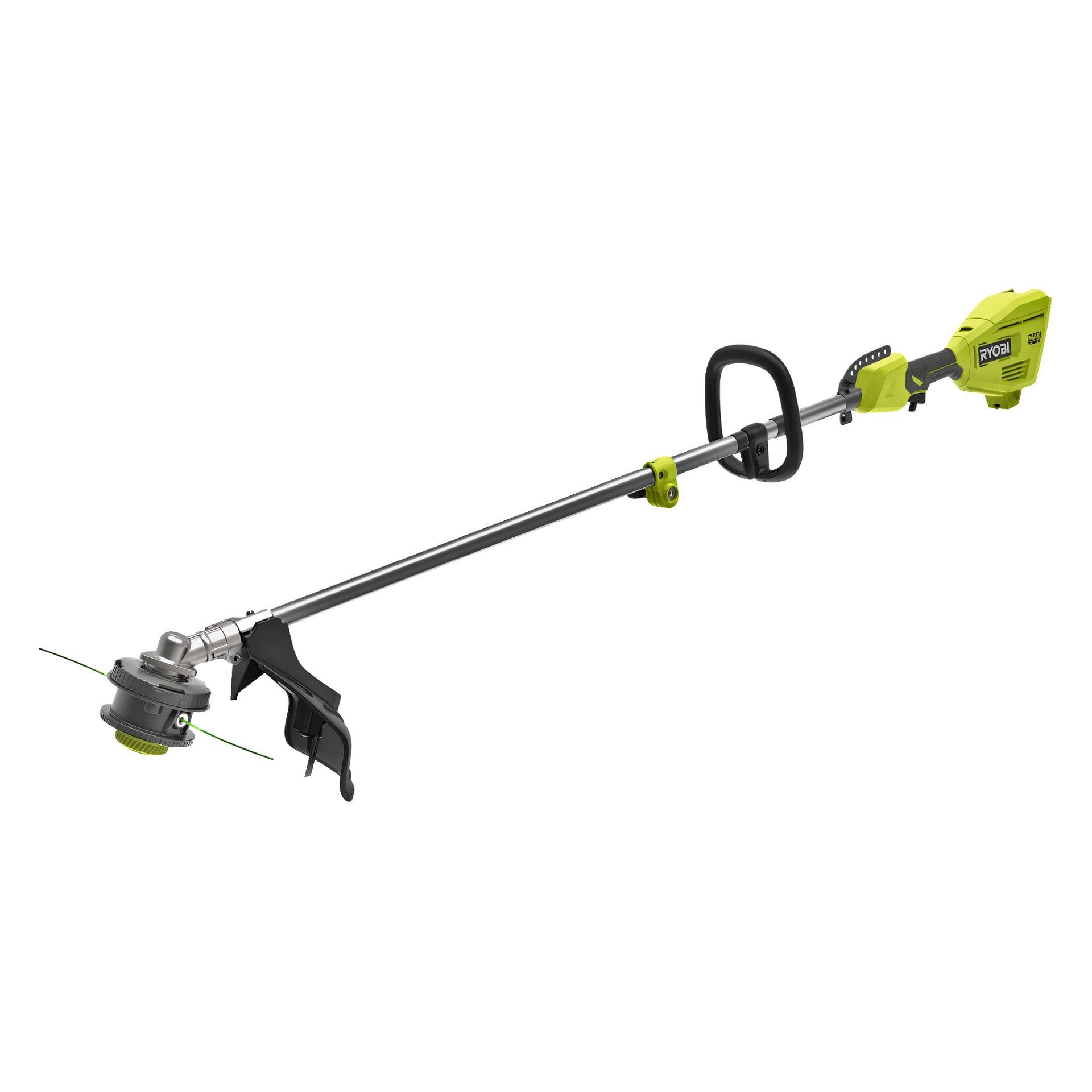Ryobi sladdlös strängtrimmer i grönt och svart med silverfärgat skaft, ergonomiskt handtag, exponerad skärlinje och batteri vid greppet.