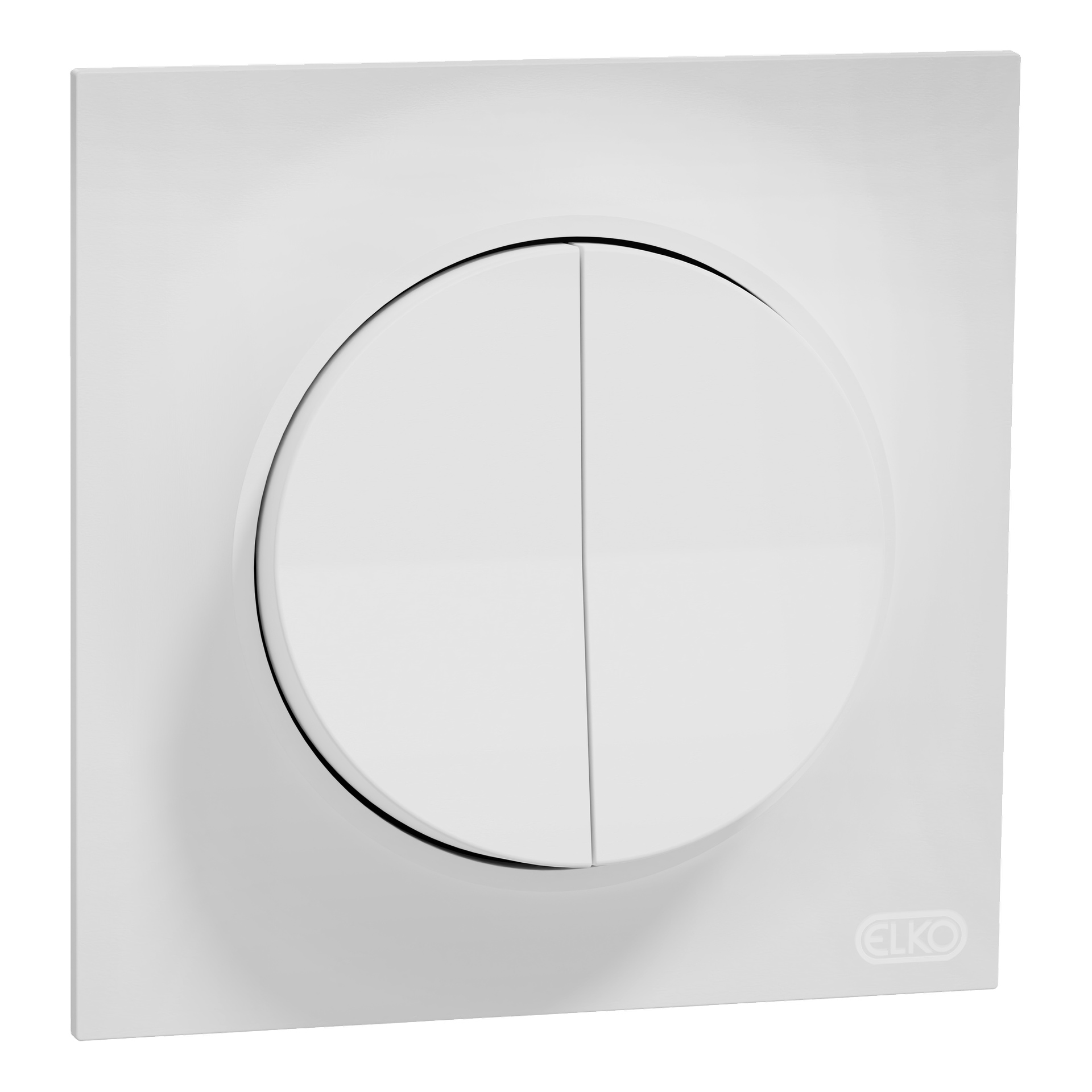 En firkantet veggbryter med to vertikale knapper og avrundede kanter, installert på en flat overflate. ELKO-logoen vises nederst til høyre.