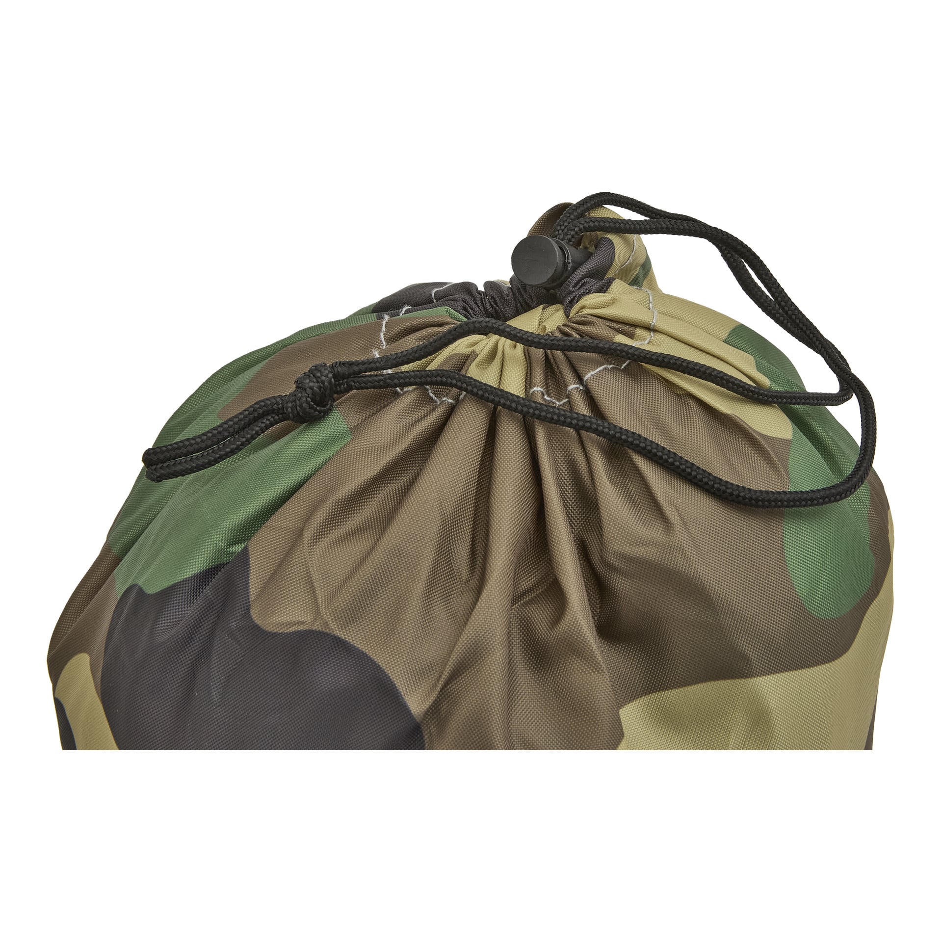 Nahaufnahme eines Camouflage-Beutels mit Kordelzug und schwarzer Kordel und Plastikknebel, an der Oberseite Stoffbündel.