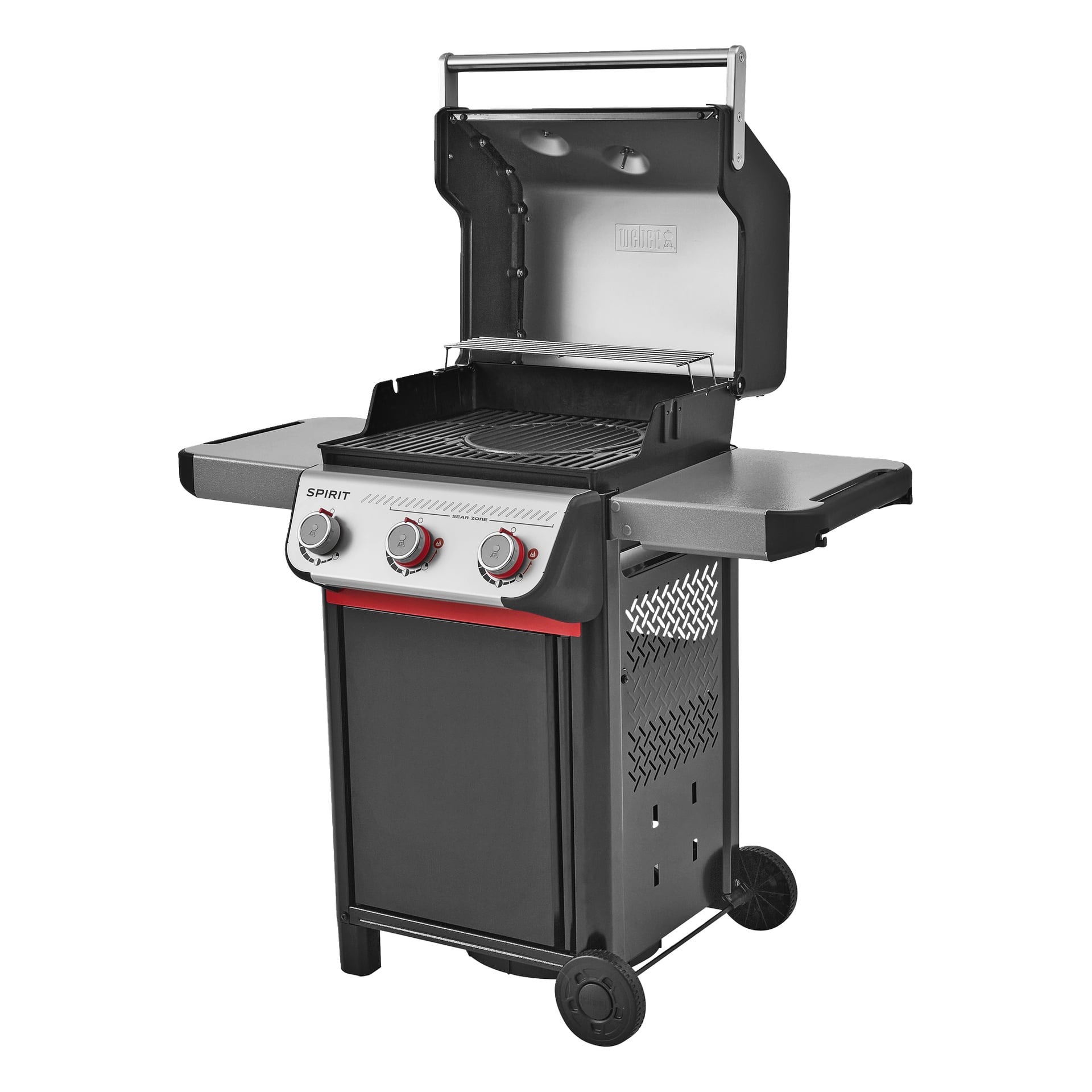 Fristående gasgrill med tre rattar, öppet lock, två sidohyllor, hjul, svart och silverfärgad design och röd accent ovanför rattarna.