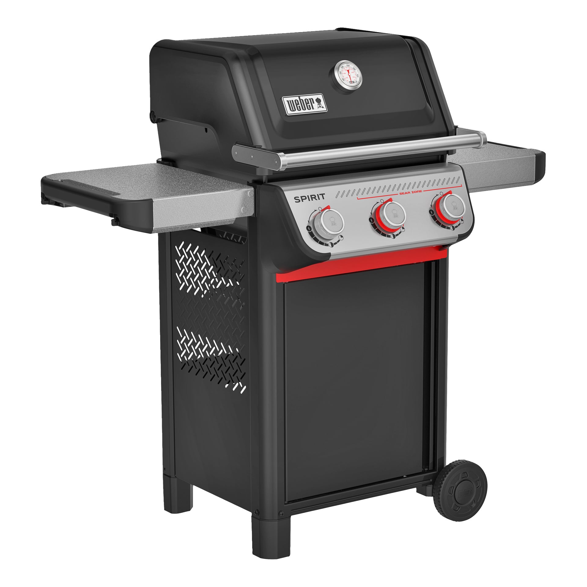 Svart och silverfärgad Weber Spirit gasgrill med tre röda rattar, locktermometer, dubbla sidohyllor och två hjul under.