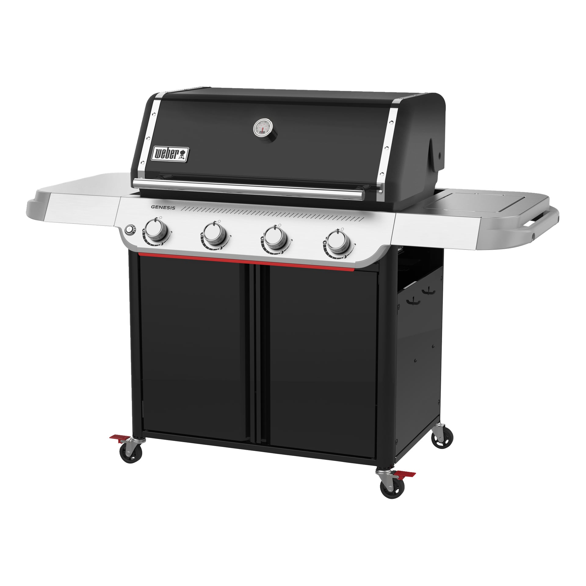 Slank svart och silverfärgad gasgrill med fyra rattar, termometer på locket, två sidohyllor, förvaring under och hjul.