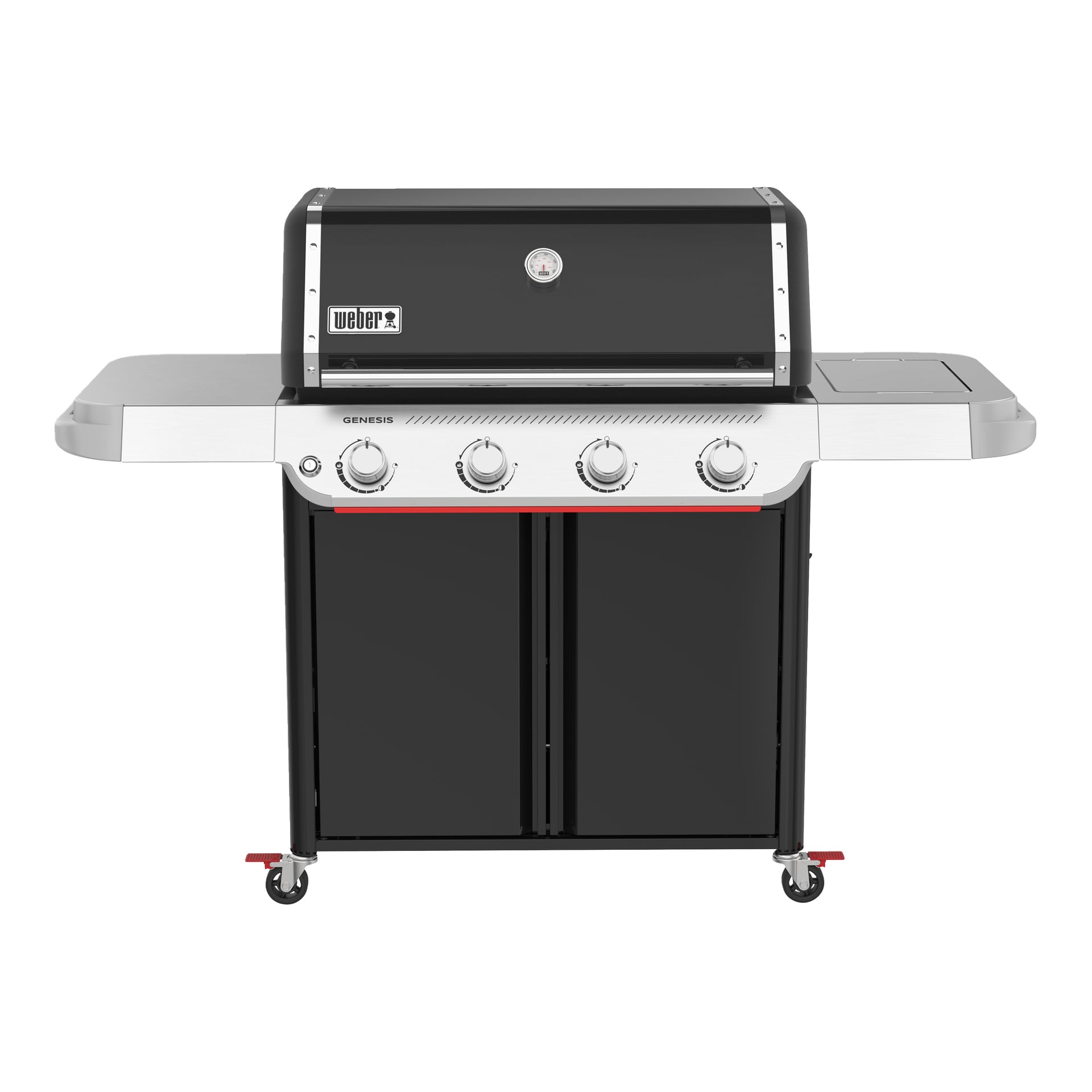 Svart och silver Weber Genesis gasgrill med fyra knoppar, två skåpsdörrar, sidohyllor på båda sidor, hjul och en locktermometer.