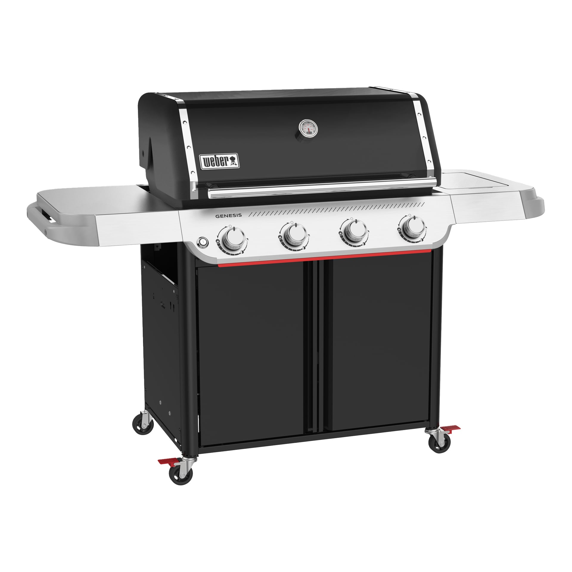 Elegant svart och silverfärgad gasgrill med fyra plattor, sidohyllor, kontrollrattar, förvaringsskåp, fälgar och Weber-märkning på motorhuven.