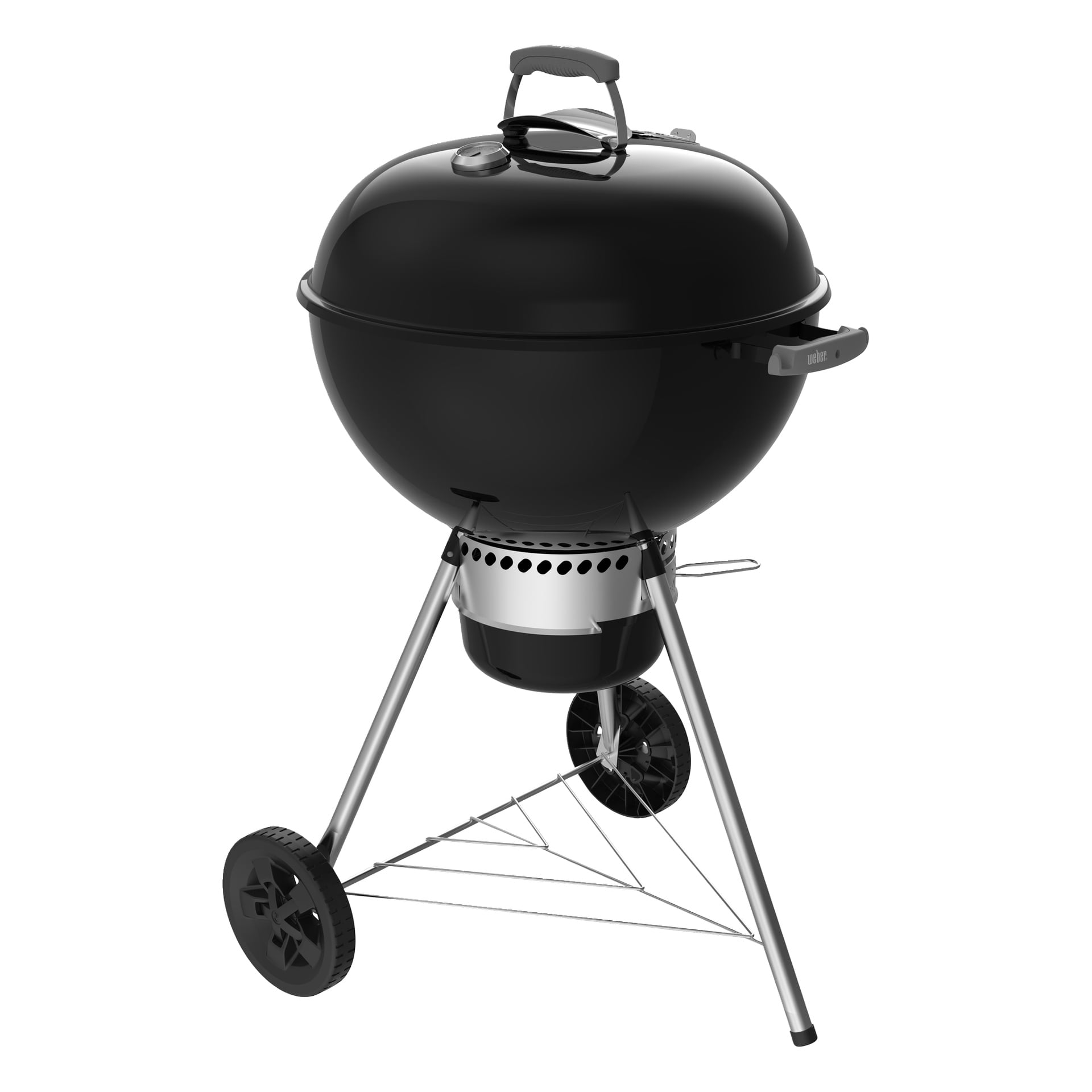 Svart kokkokgrill med kupolformad lock, ventil, sidohandtag, askfångare, två hjul och stativbas med vinklade stöd.