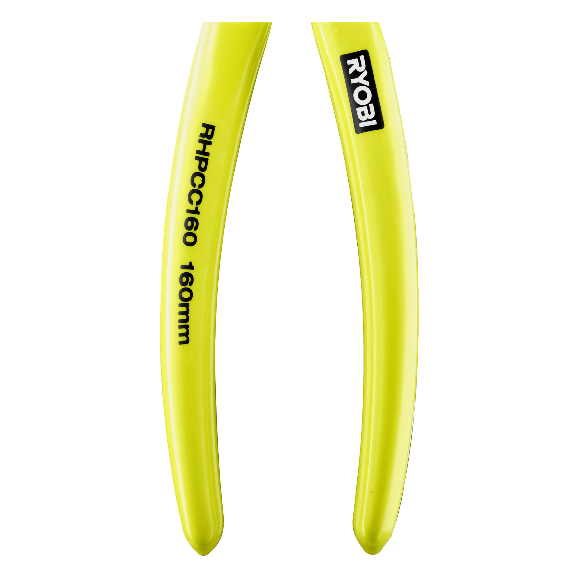 Nahaufnahme der gelben Griffe des Ryobi-Werkzeugs, mit RHPC160 und 160 mm auf einem Griff und dem Ryobi-Logo auf dem anderen.