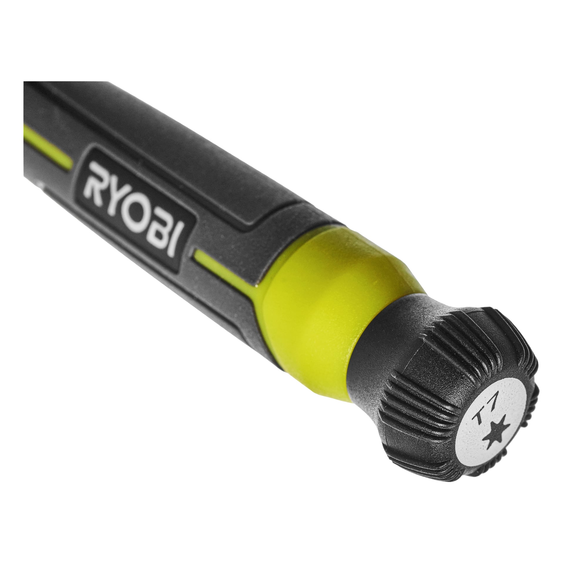 Närbild av ett Ryobi-verktyg med ett svart och grönt handtag. Ändlocket visar "T7" med en stjärna, vilket markerar att det är en Torx T7-drivrutin.