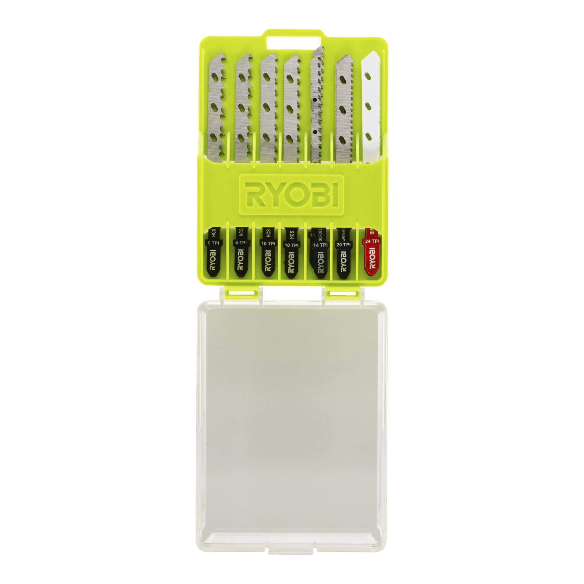 Ett Ryobi-set med sex sticksågsblad i ett gulgrönt fodral, var och en märkt med TPI, med öppet lock som avslöjade bladen.