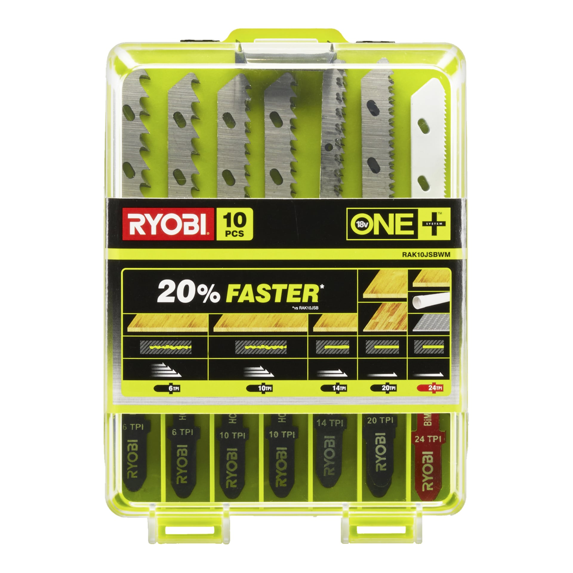 Ett genomskinligt fodral med 10 Ryobi-sticksågsblad för trä och metall, gul-svart etikett som visar 20% snabbare, bladtyper och TPI-detaljer.