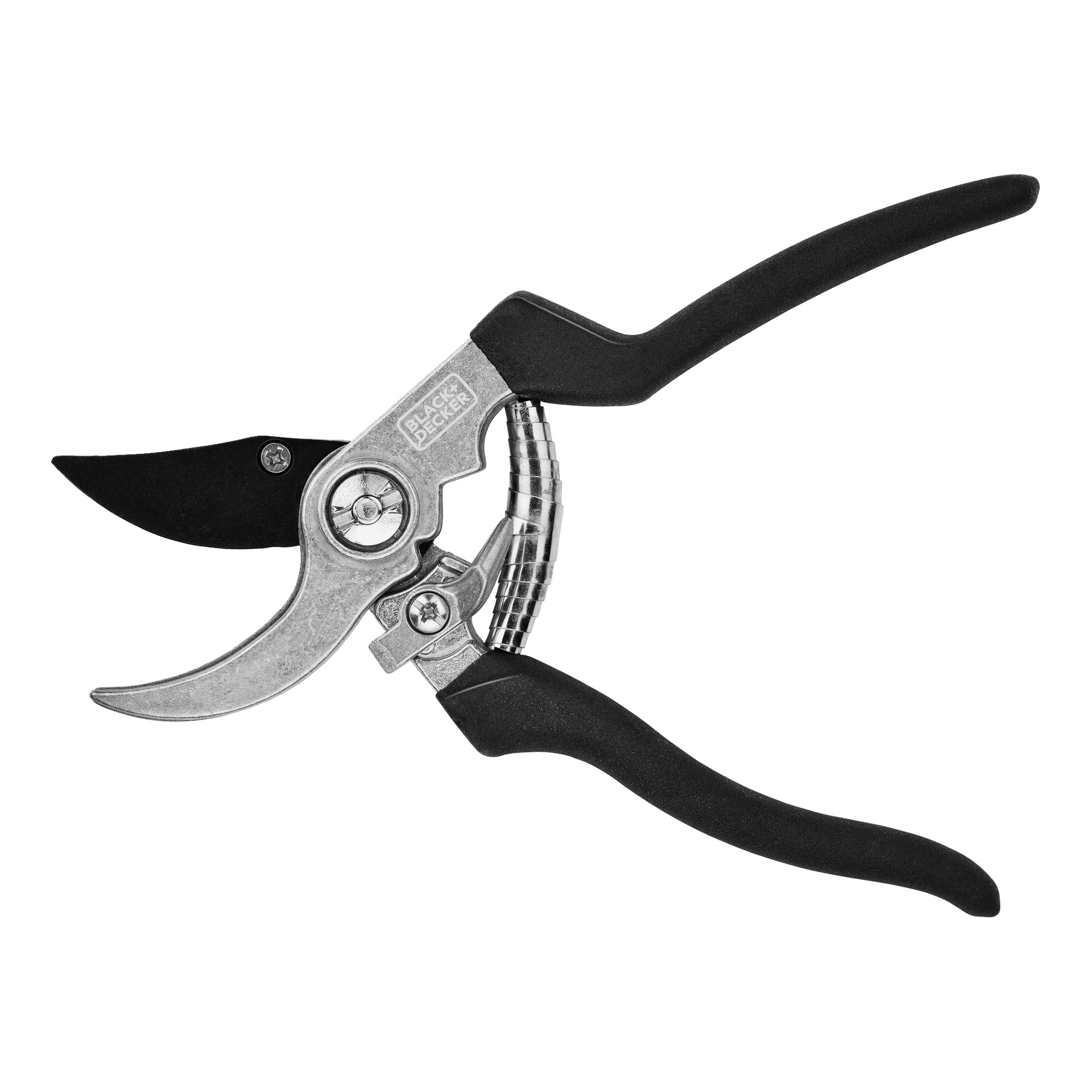 Ett par Black+Decker beskärningssaxar med svarta handtag och ett böjt silverblad, helt öppet.
