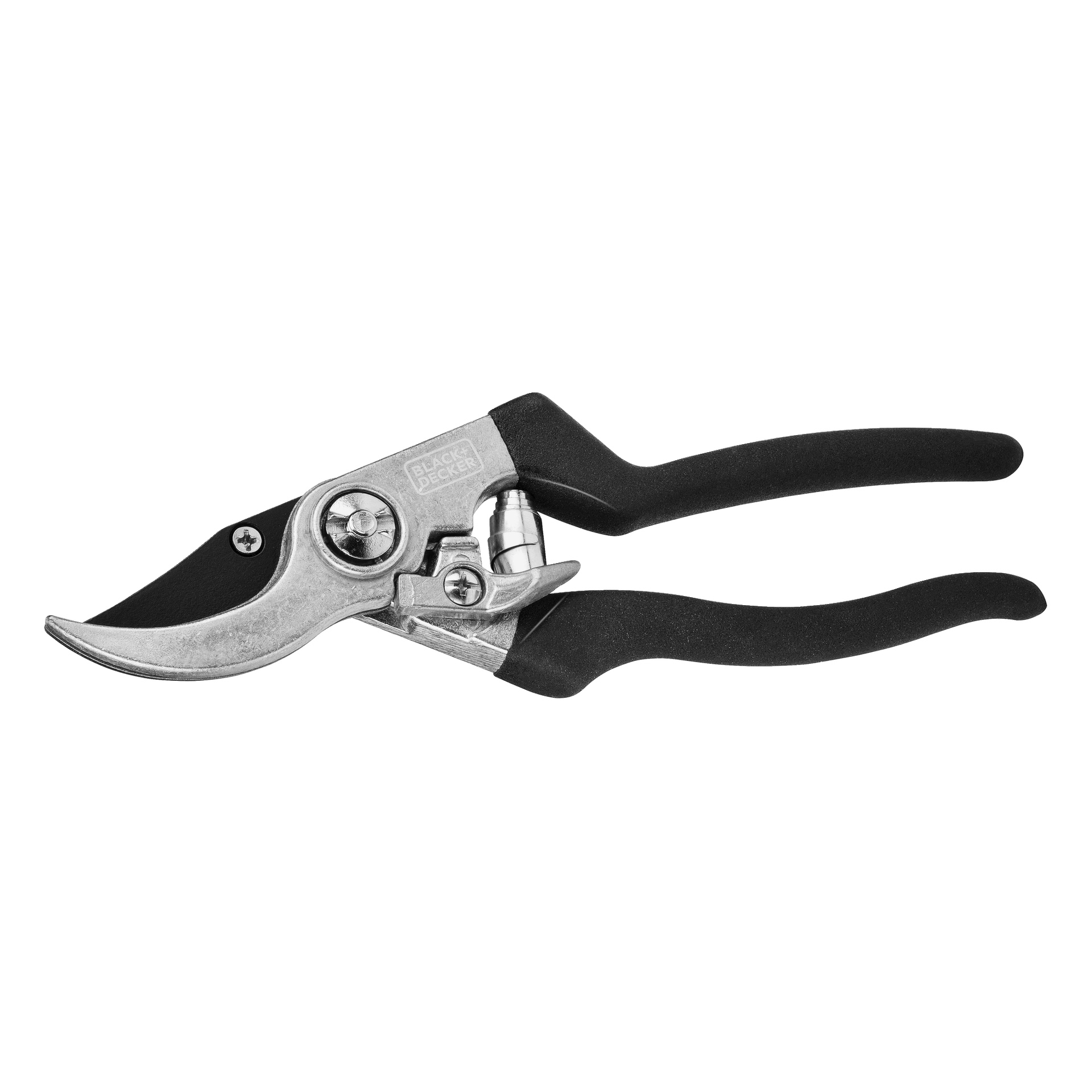 Ett par Black+Decker beskärningssaxar med böjt blad och svarta ergonomiska handtag.