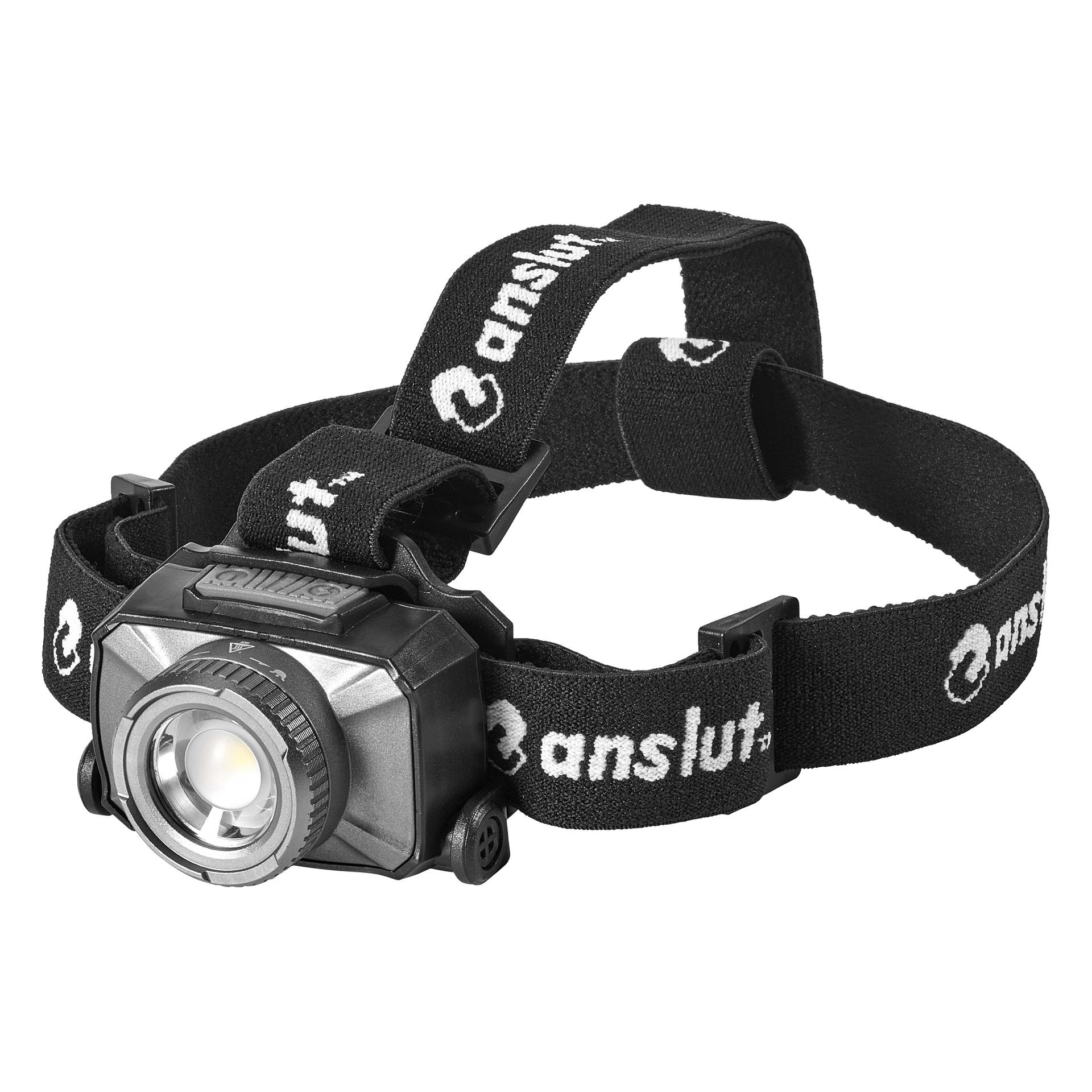 Svart pannlampa med justerbar elastisk rem som visar Anslut-logotypen. Centralt LED-ljus och rektangulärt fodral med knappar på varje sida.