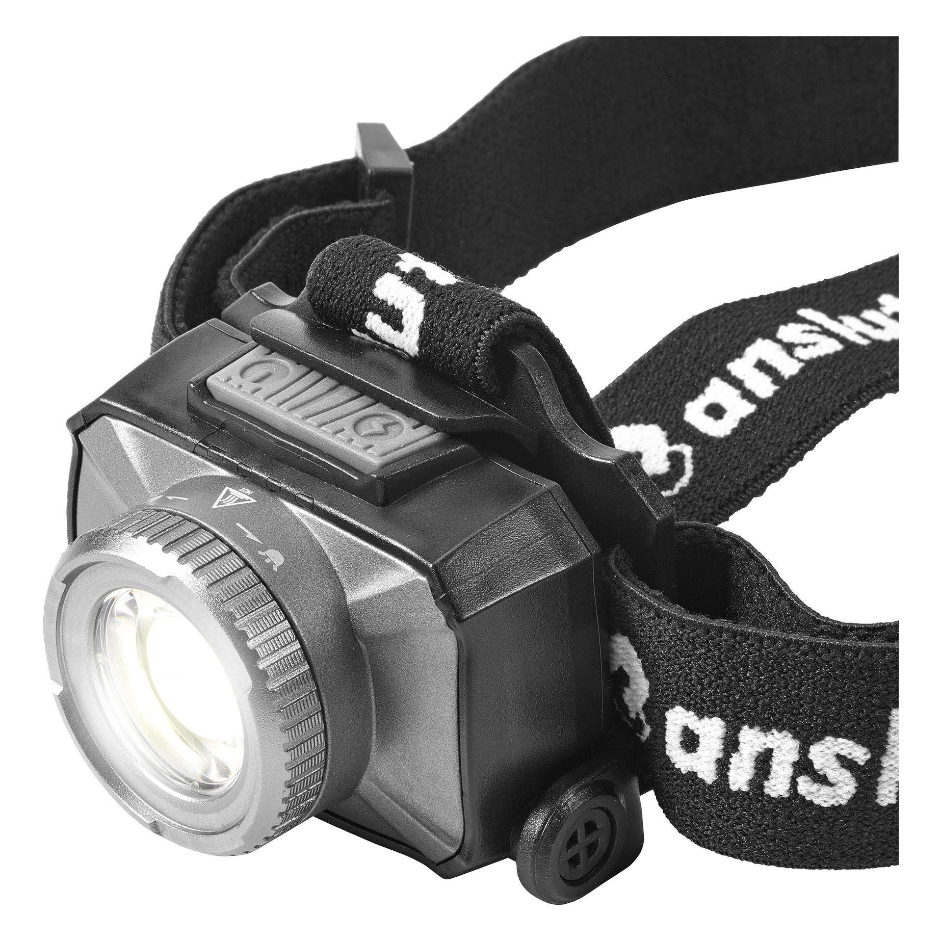 En svart pannlampa med elastisk, justerbar rem, en stor rund frontlampa, en tydlig strömknapp och märkbar text på remmen.