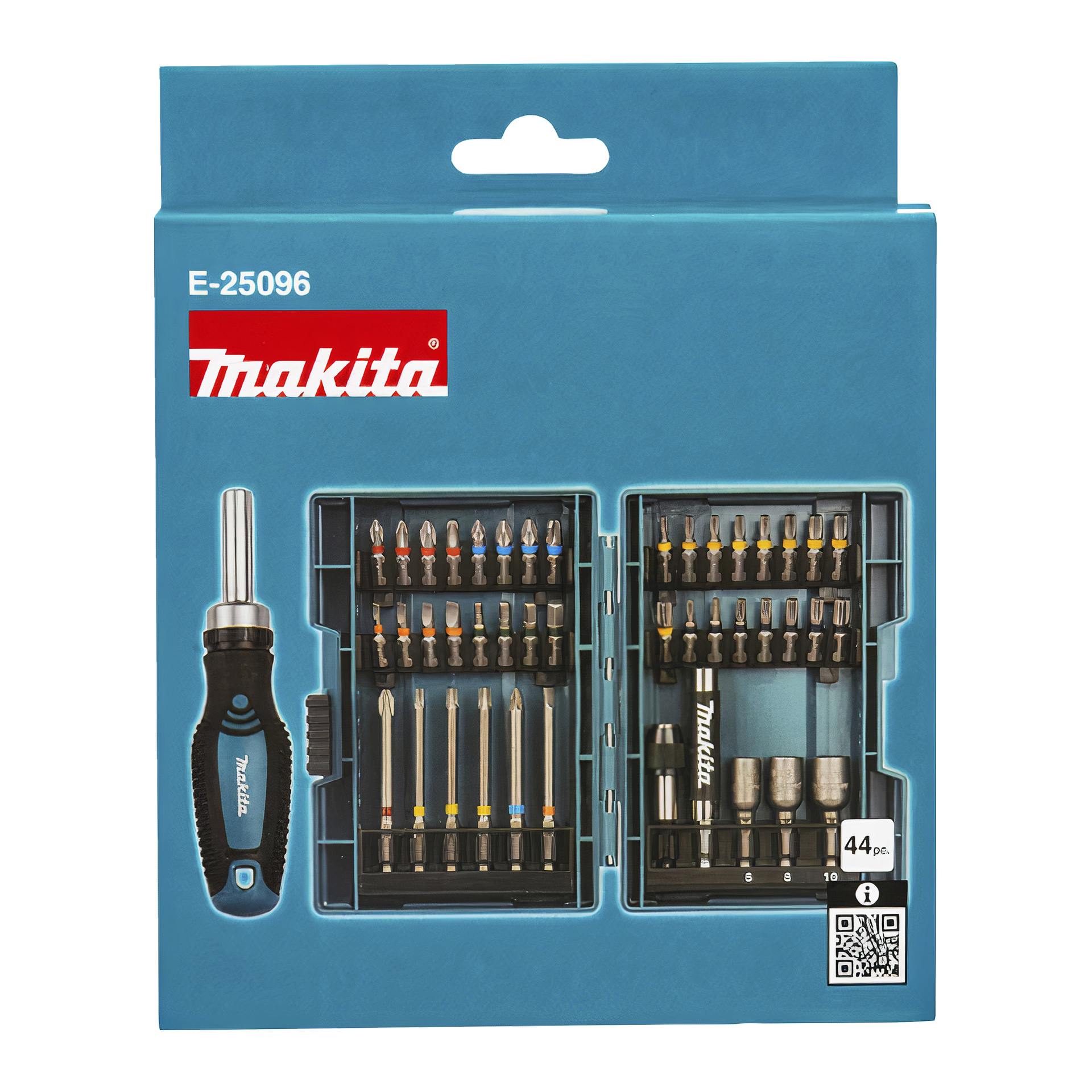 En 44-delt Makita skrutrekkerbit satt i blå emballasje, med bits, håndtak og tilbehør vist. Makita-logo og E-25096 på esken.